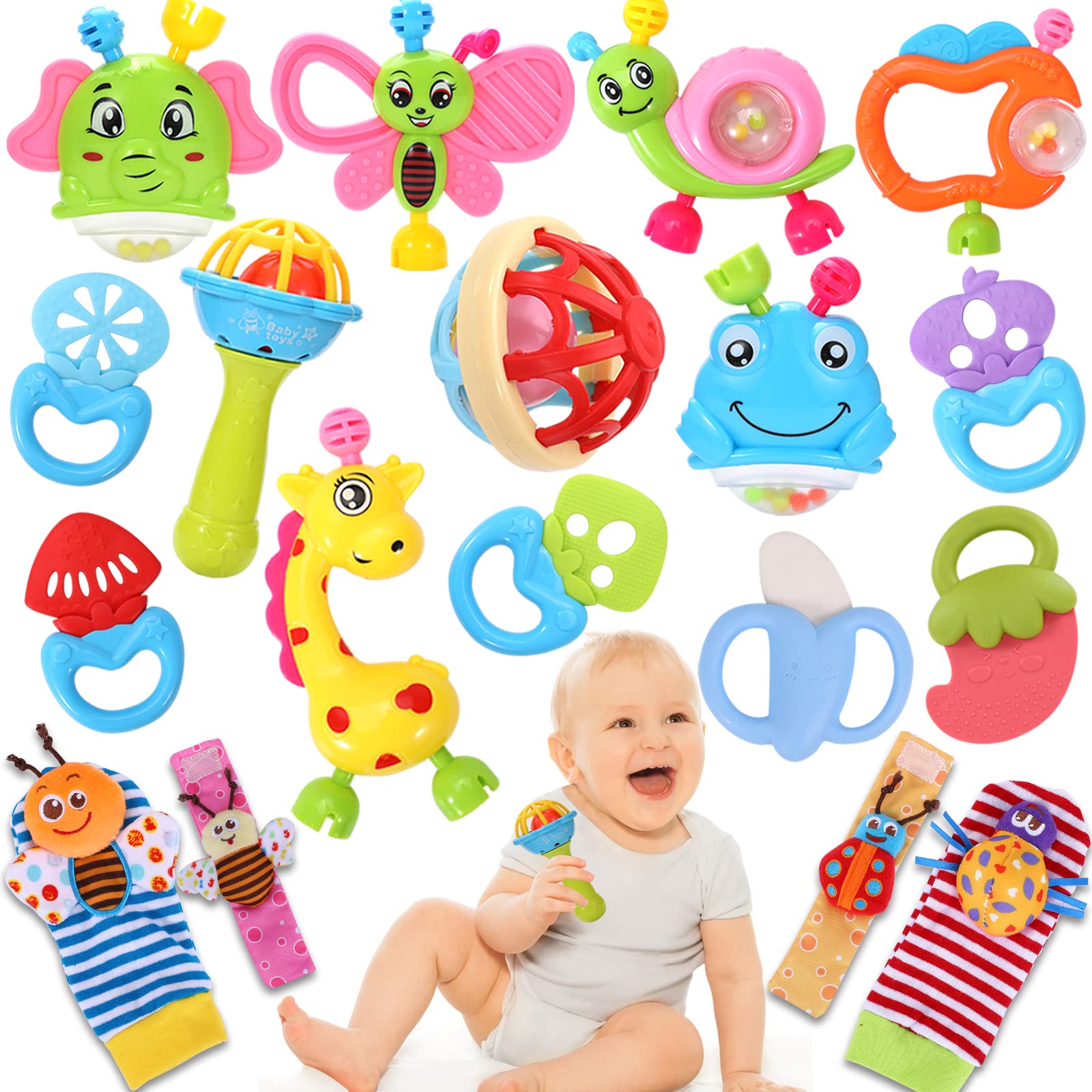AZEN 18件組嬰兒搖鈴玩具，適合0-12個月寶寶，新生兒幼兒玩具（0-6個月），嬰兒玩具（6-12個月），男女寶寶禮品套裝，含牙膠和護腕
