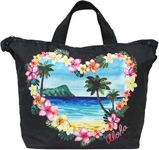 Aloha Sunrise 夏威夷獨家款易攜斜挎包+手提包，款式 2431/顏色 K586，印花圖案為充滿活力的熱帶花環和棕櫚樹，正面和背面均印有 Aloha 字樣