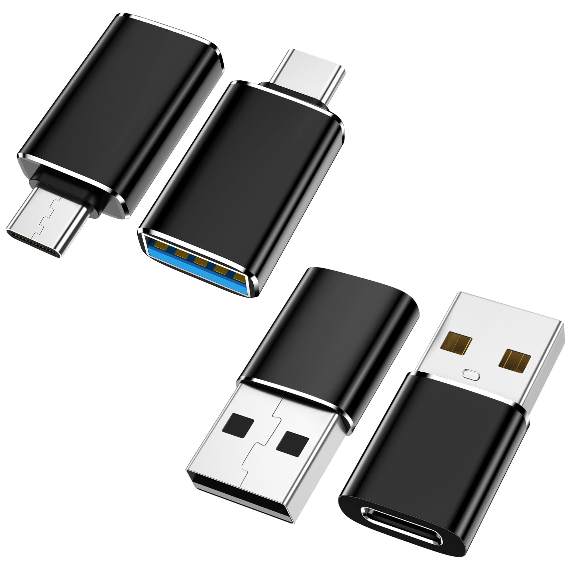 [4 件裝] USB-C 轉 USB 轉接器（2 個）& USB 轉 USB-C 轉接器（2 個）[鋁合金外殼] 適用於 iPhone/PC/三星/AirPods/iPad/筆記型電腦/MacBook/CarPlay/Google 等，黑色