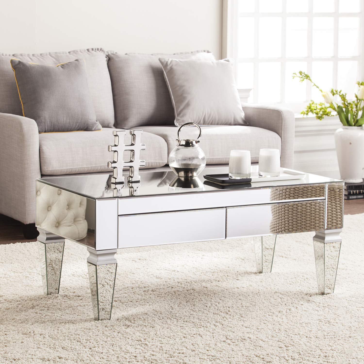 SEI Furniture Darien 現代鏡面長方形咖啡桌，長方形，銀色