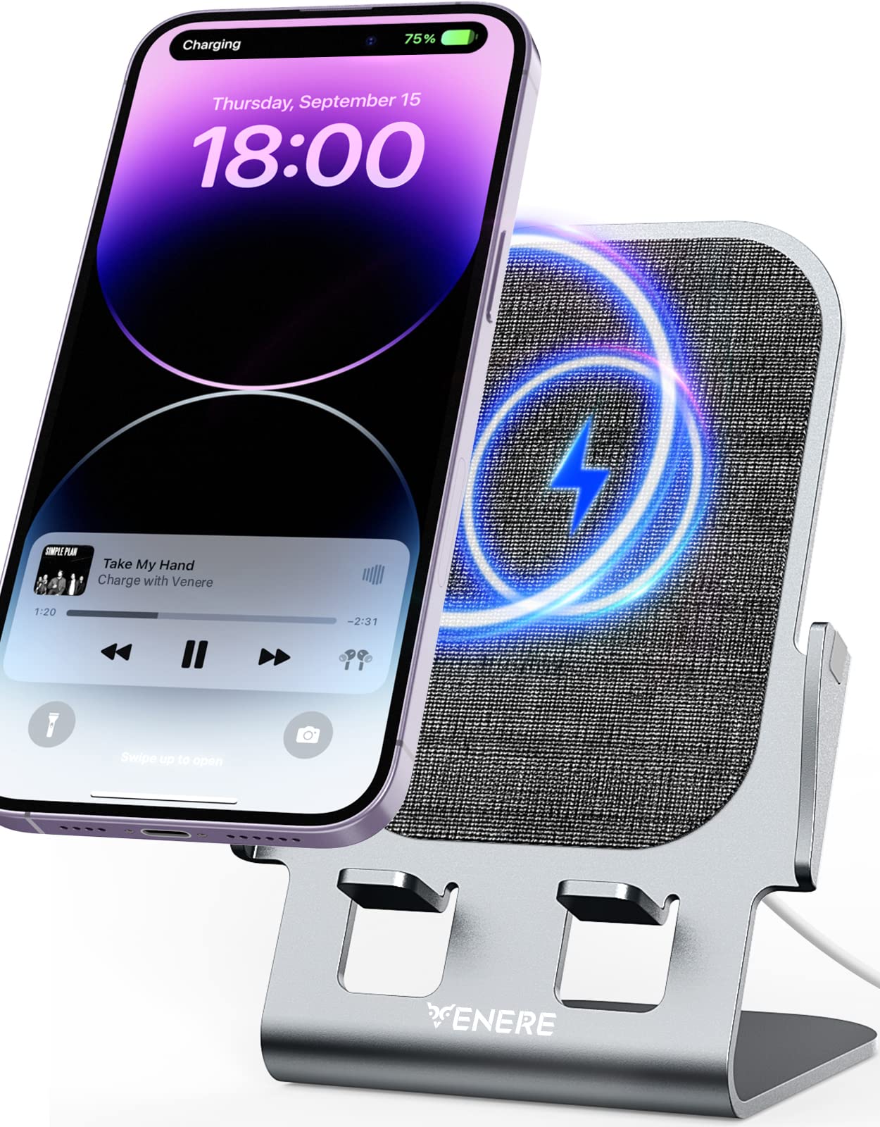 無線充電器，15W 無線快充，超薄鋁合金手機支架，相容於 iPhone 14/13/12/11/X/8 系列、三星、摩托羅拉、華為、一加、Pixel 等品牌手機，Qi ​​認證設備
