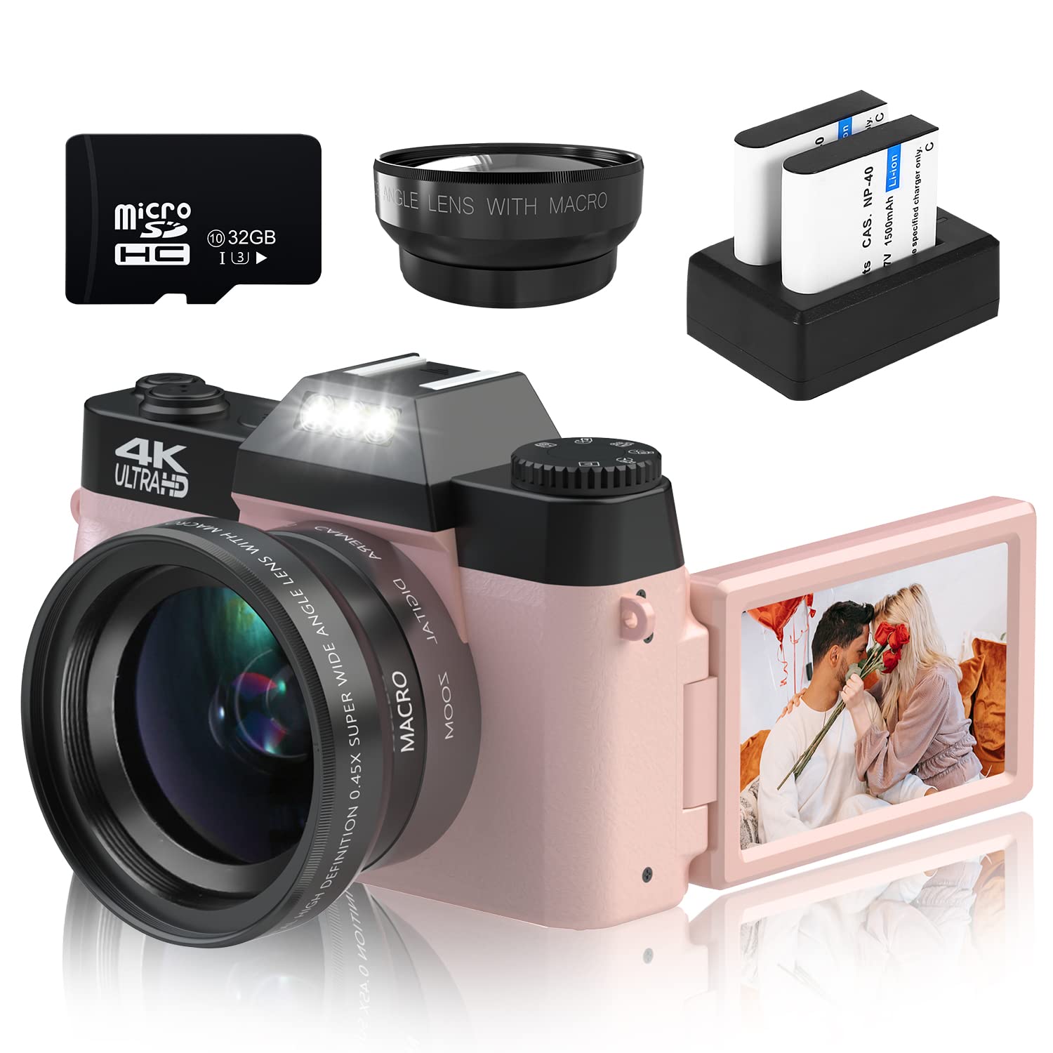 數位相機，4K 48MP Vlog相機，16倍數位變焦，手動對焦，可充電，學生便攜相機，配備52mm廣角鏡頭和微距鏡頭，32G Micro記憶卡和2顆電池