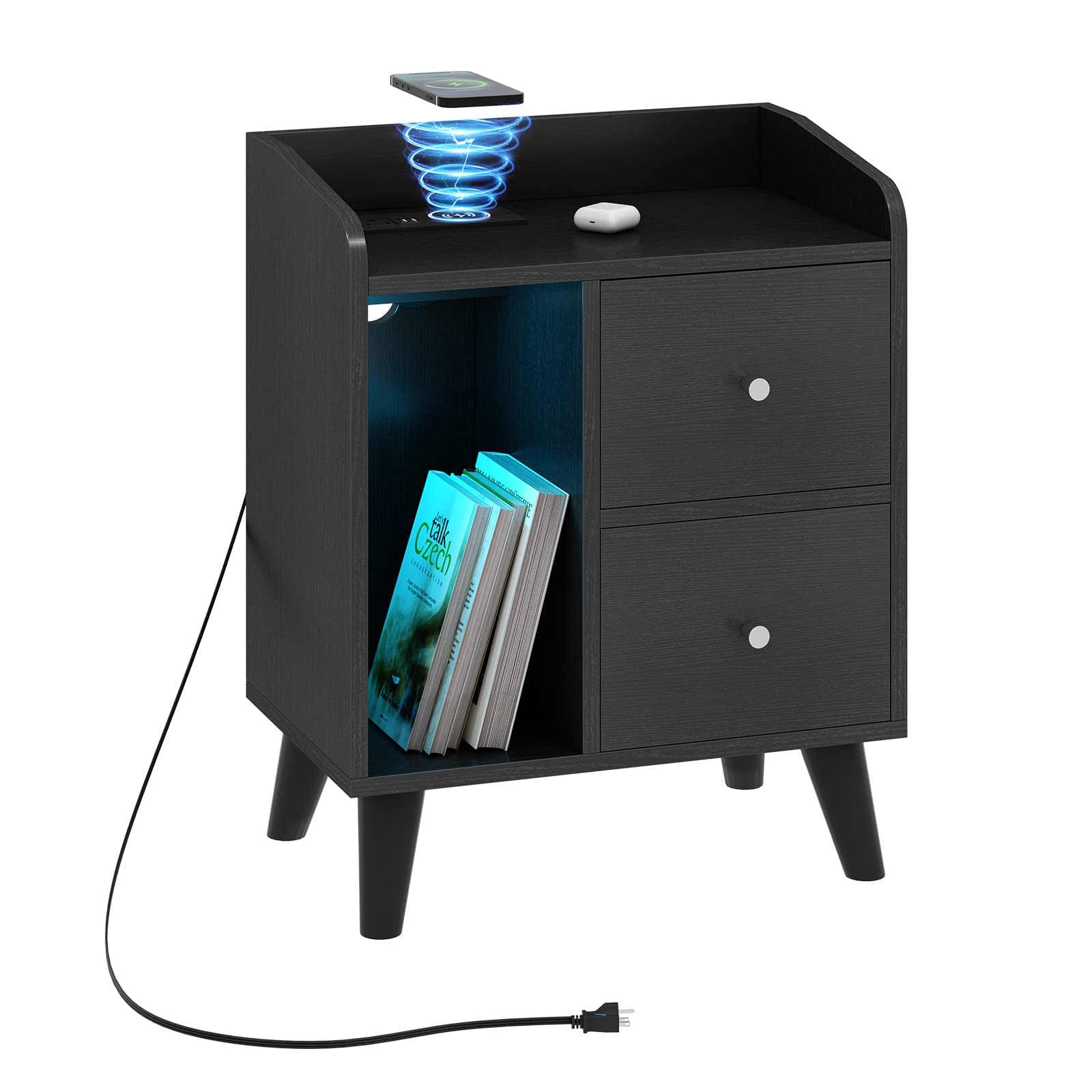 Saudism LED 床頭櫃附無線充電站，RGB 燈光床頭櫃，智慧充電床邊桌，附兩個抽屜和開放式置物架（黑色）