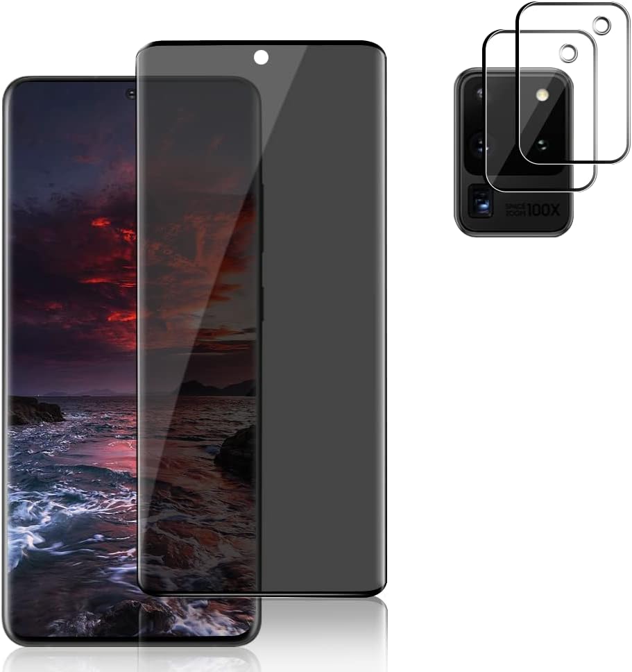 LETANG [1+2Pack] Galaxy S20 Ultra 隱私螢幕保護貼+相機鏡頭保護膜，防窺，9H 硬度，3D 全覆蓋，無氣泡，適用於三星 Galaxy S20 Ultra 5G (6.9 吋)