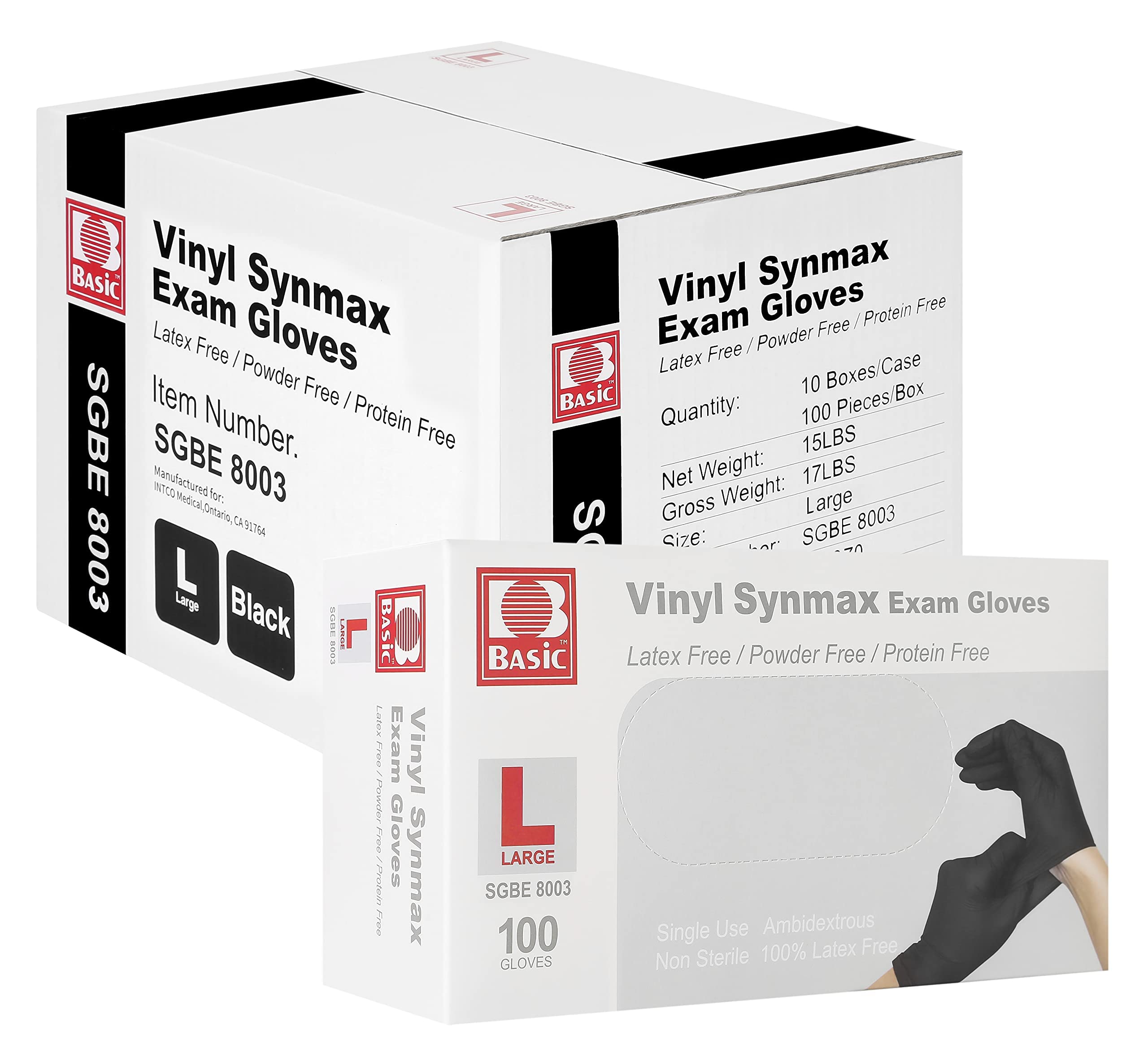 Basic Medical Synmax黑色乙烯基檢查手套，4密耳安全醫用手套，不含乳膠和粉末，1000隻/箱（黑色）