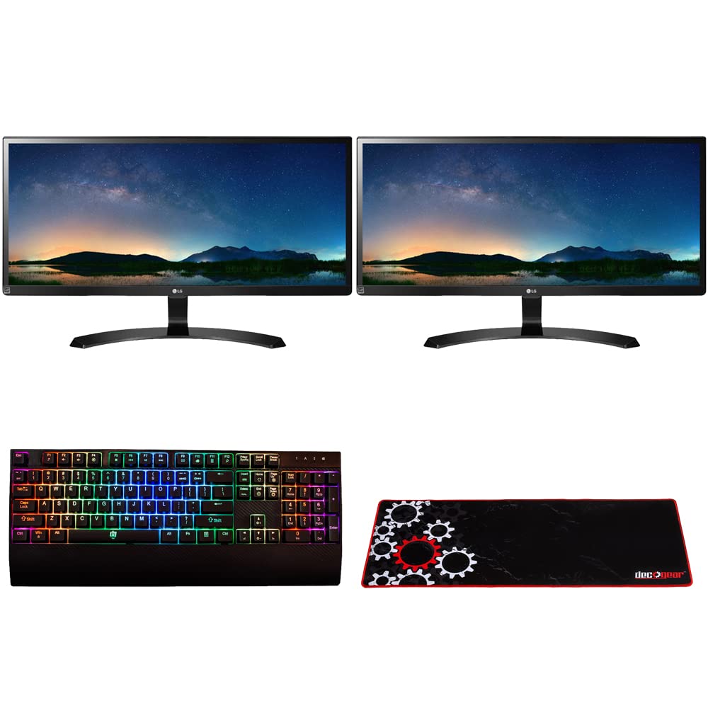 LG 29UM59A 29吋超寬全高清IPS LED FreeSync雙顯示器（2580 x 1080，21:9）套裝，包含Deco Gear機械遊戲鍵盤（RGB背光）和大型加長專業遊戲滑鼠墊。
