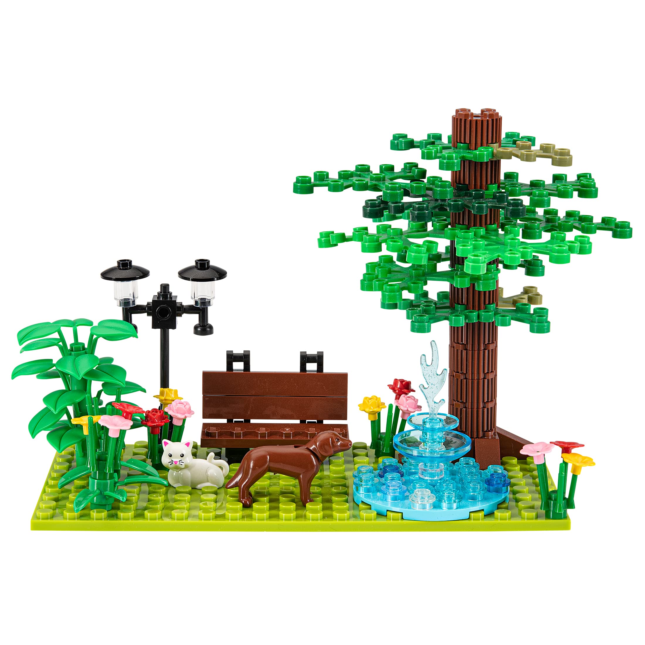 Custom Toys & Hobbies Inc 11組積木玩具，城市小鎮鄉村公園休閒戶外花園瀑布樹木狗貓長椅花卉植物和燈光，適合4歲以上兒童，塑膠材質