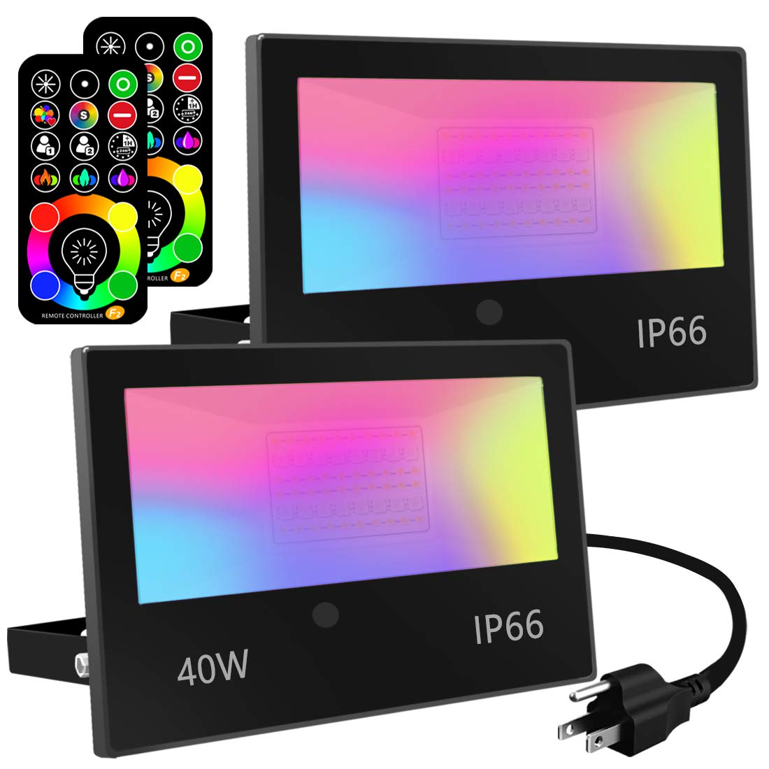 MELPO LED泛光燈，相當於400W白熾燈，RGBW LED戶外彩色燈，帶遙控器，40W，4000流明，2700K色溫，120種顏色，定時，可調光，自訂模式，適用於壁燈、舞檯燈、景觀照明（2個裝）