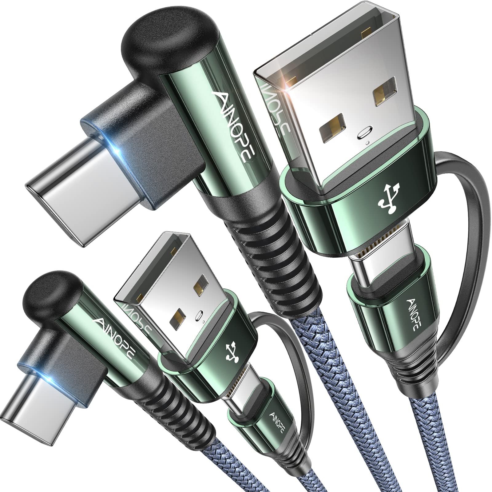 AINOPE USB-C 連接線 Type-C 充電器快充 6.6 英尺-2 件裝 60W USB-C 轉 USB-C 線，適用於 iPad 充電器快充 3.1A 直角 USB-C 充電器 Type-C 線，適用於所有 USB-C 連接埠設備