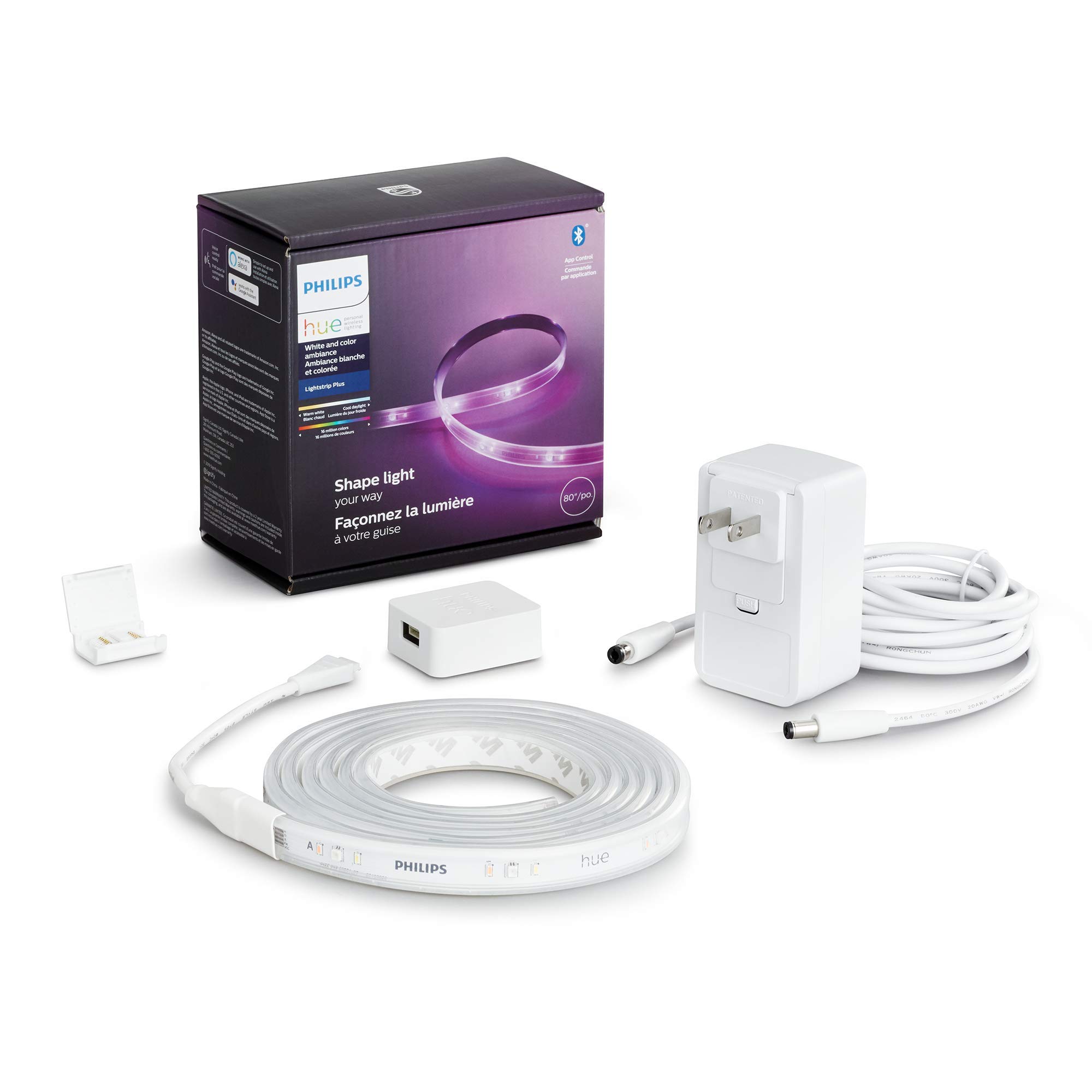 Philips Hue Lightstrip Plus（2米/6英尺底座套裝，含插頭），兼容亞馬遜 Alexa、蘋果 HomeKit 和谷歌助手，支援藍牙，單色效果