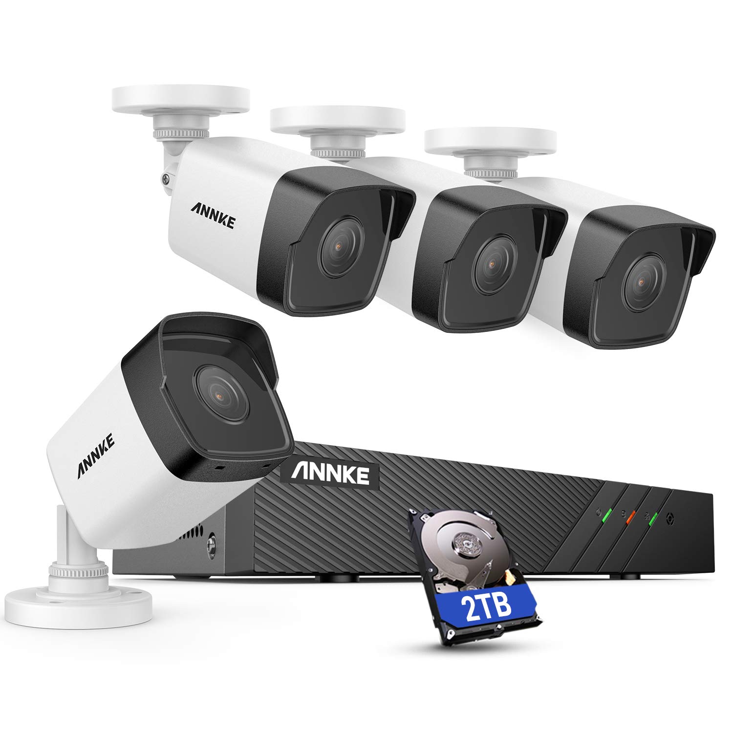ANNKE H500 5MP PoE 安防相機系統，帶移動偵測功能的 IP 安防相機系統，8 通道 NVR（內建 2TB 硬碟），4 個 5MP 室外 PoE IP 相機，2.8mm 廣角鏡頭，支援音訊視訊傳輸，H.265+ 編碼