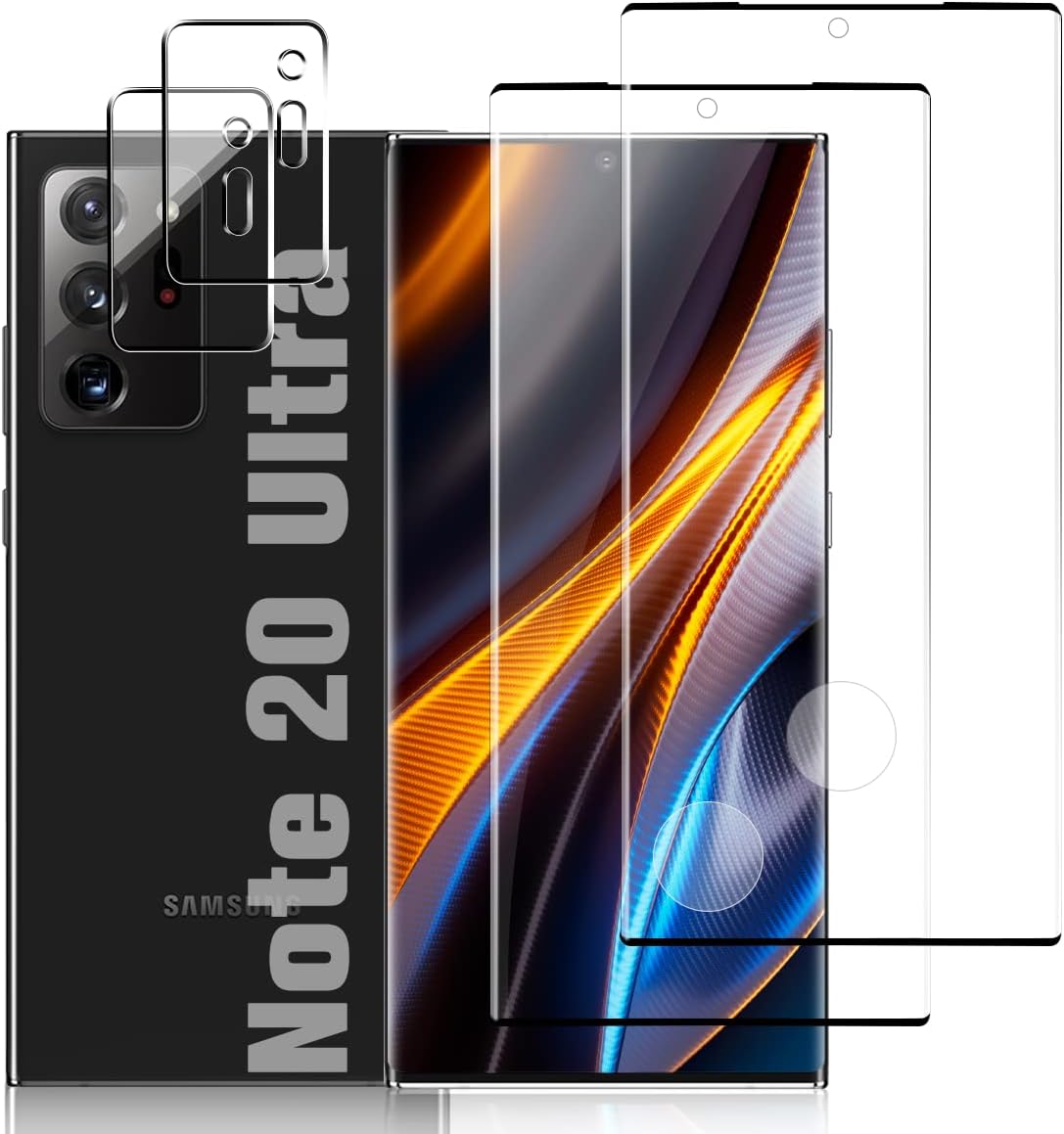【2+2片裝】三星Galaxy Note 20 Ultra高清透明9H強化玻璃螢幕保護貼，防刮耐磨，支援指紋解鎖，3D曲面設計，無氣泡，適用於三星Galaxy Note 20 Ultra玻璃螢幕相機