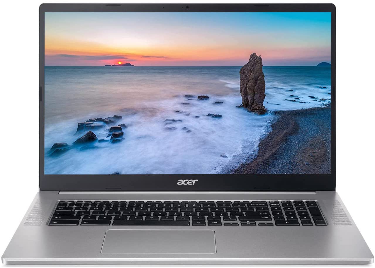 宏碁 2022 Chromebook，17 吋 IPS 全高清 (1920x1080) 螢幕，英特爾賽揚處理器，最高 2.80 GHz，4GB DDR4 內存，64GB 固態硬碟，超高速第六代 WiFi，Chrome 作業系統，自然銀色（翻新機）