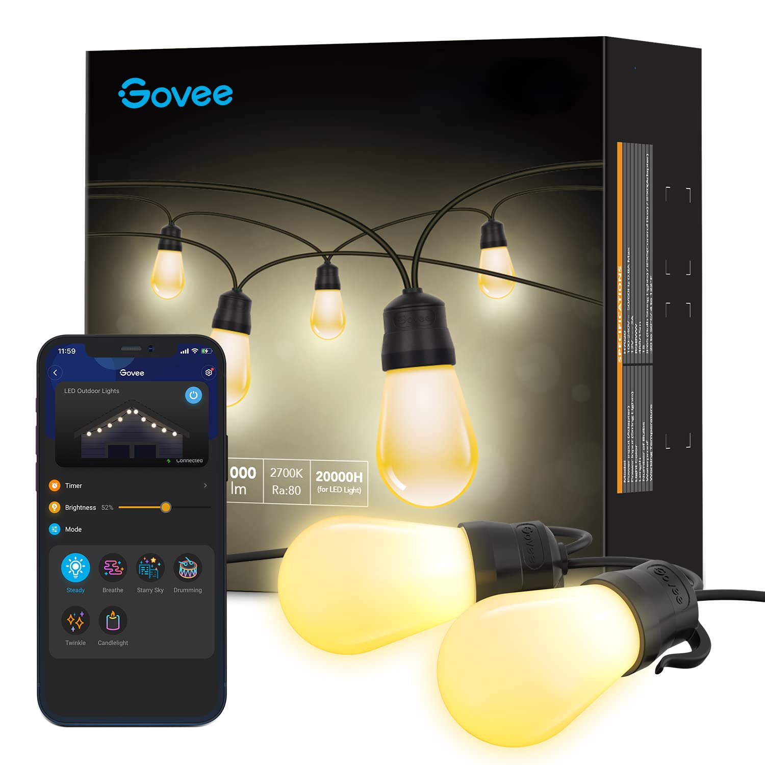 Govee戶外串燈，48英尺（約14.6公尺）WiFi Alexa智慧語音助理串燈，支援App控制，IP65防水，配備15顆可調光暖白光LED燈泡，適用於陽台、後院、派對等場所。