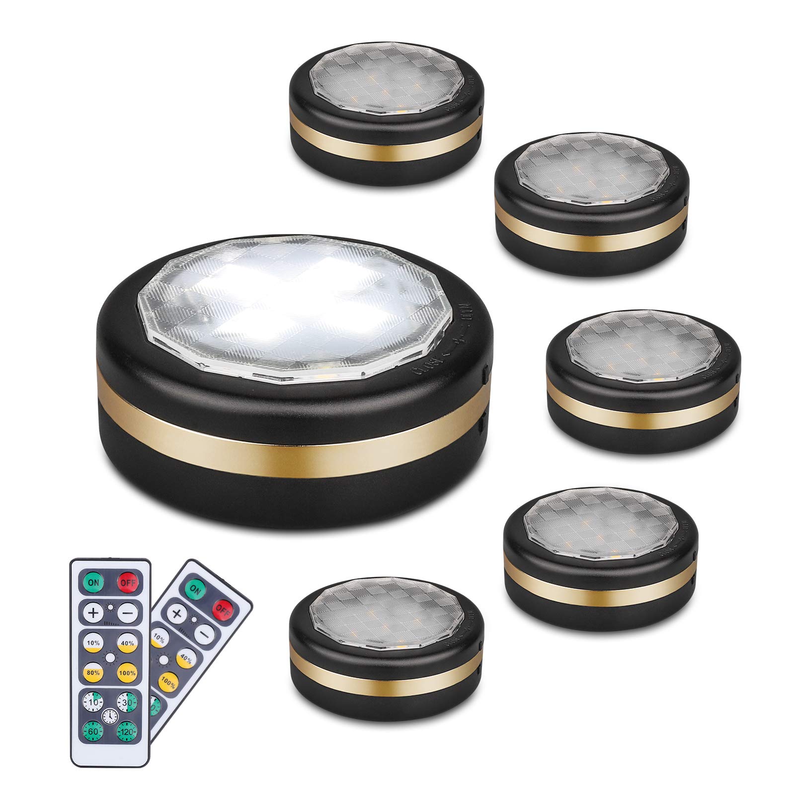 LEASTYLE 廚具下照明燈，無線 LED 圓燈，附遙控器，6 件裝，櫥櫃下方照明，電池供電，室內階梯燈，無線黏貼燈