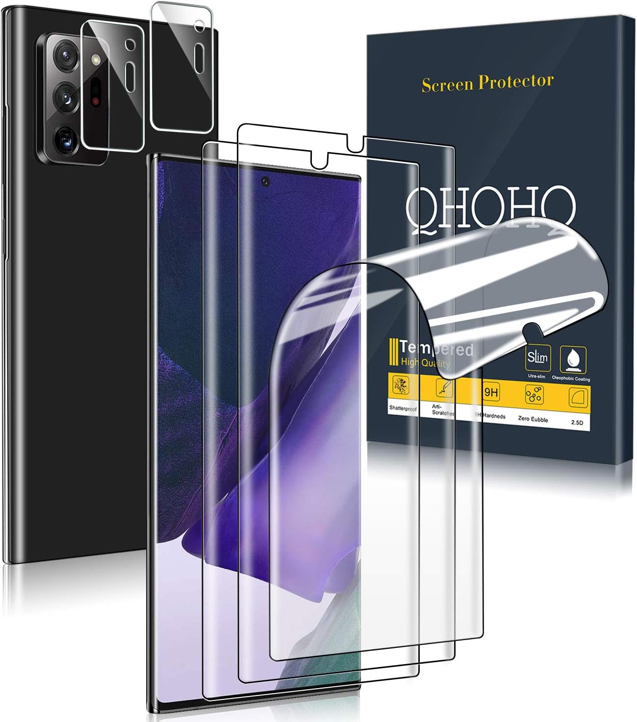 QHOHQ 三星 Galaxy Note 20 Ultra 三片裝螢幕保護貼，含兩片相機鏡頭保護膜，[柔性 TPU 水凝膠膜] - 超高清 - [防刮花]，相容於超音波指紋識別