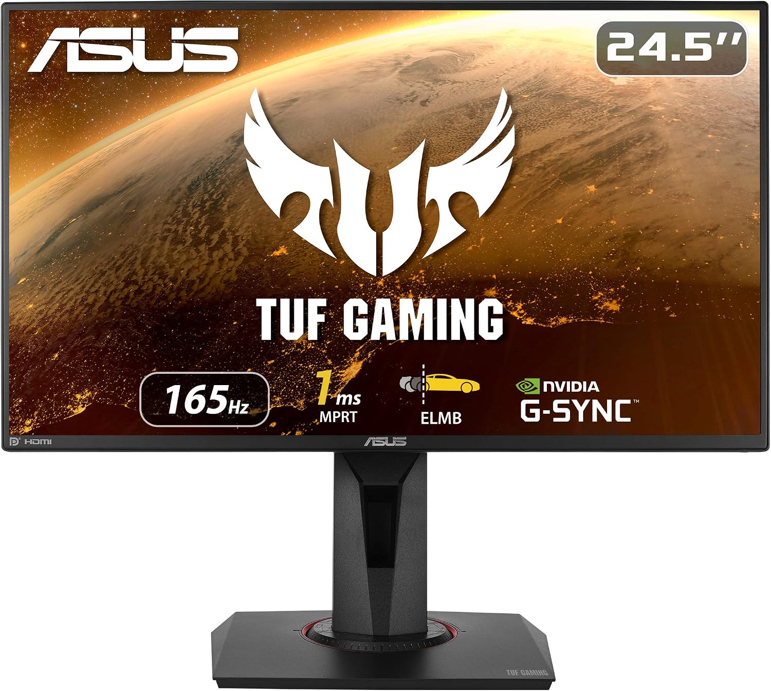 ASUS TUF Gaming VG259QR 24.5 吋遊戲顯示器，1080P 全高清，165Hz（支援 144Hz），1ms 反應時間，極低運動模糊，相容 G-SYNC，護眼模式，配備 DisplayPort 和 HDMI 介面，暗影增強功能，高度調節