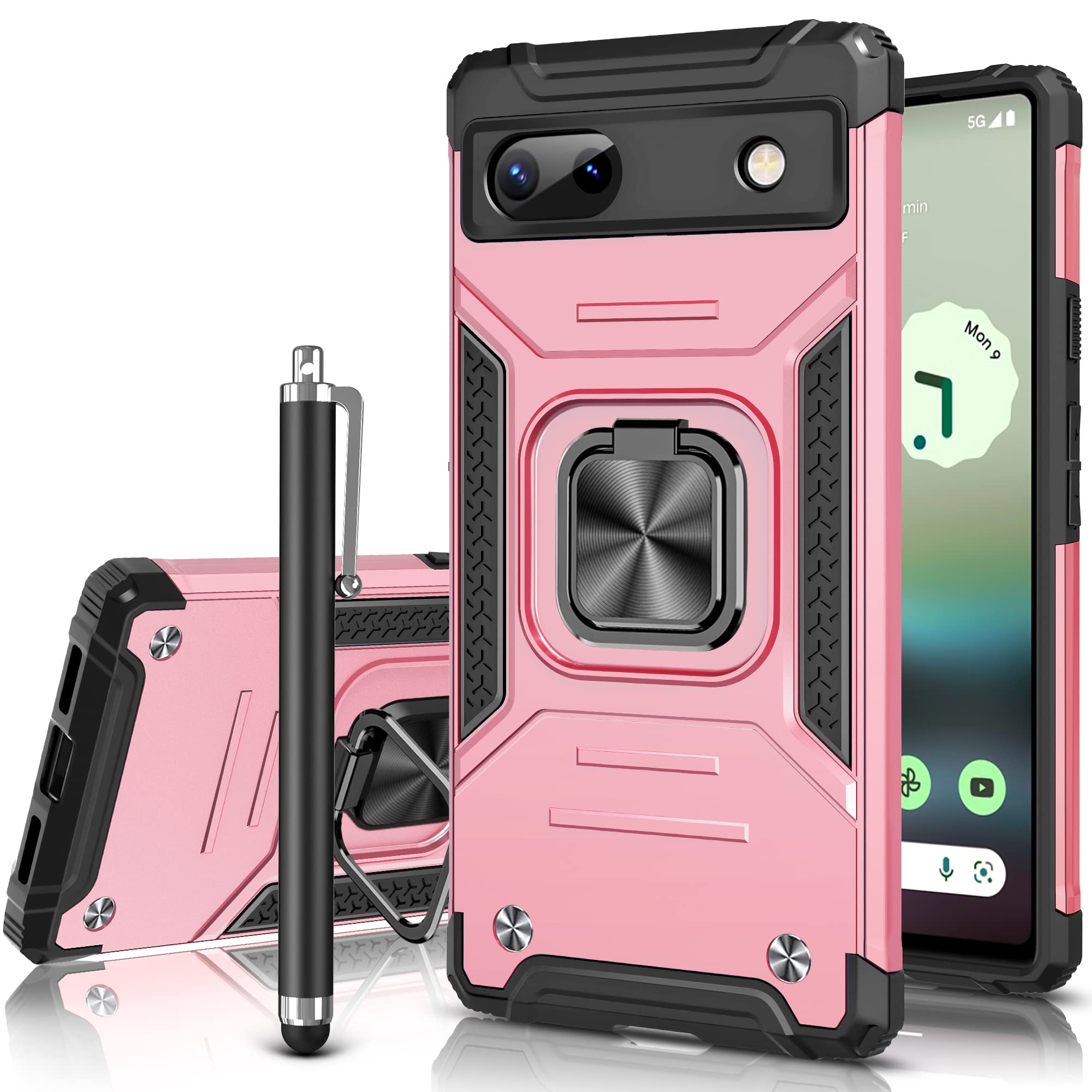 YATWIN 適用於 Google Pixel 6a 的手機殼，軍用級堅固耐用，帶有磁吸指環支架，TPU 邊框 + 硬質 PC 混合材質，防震防摔，玫瑰金配色。