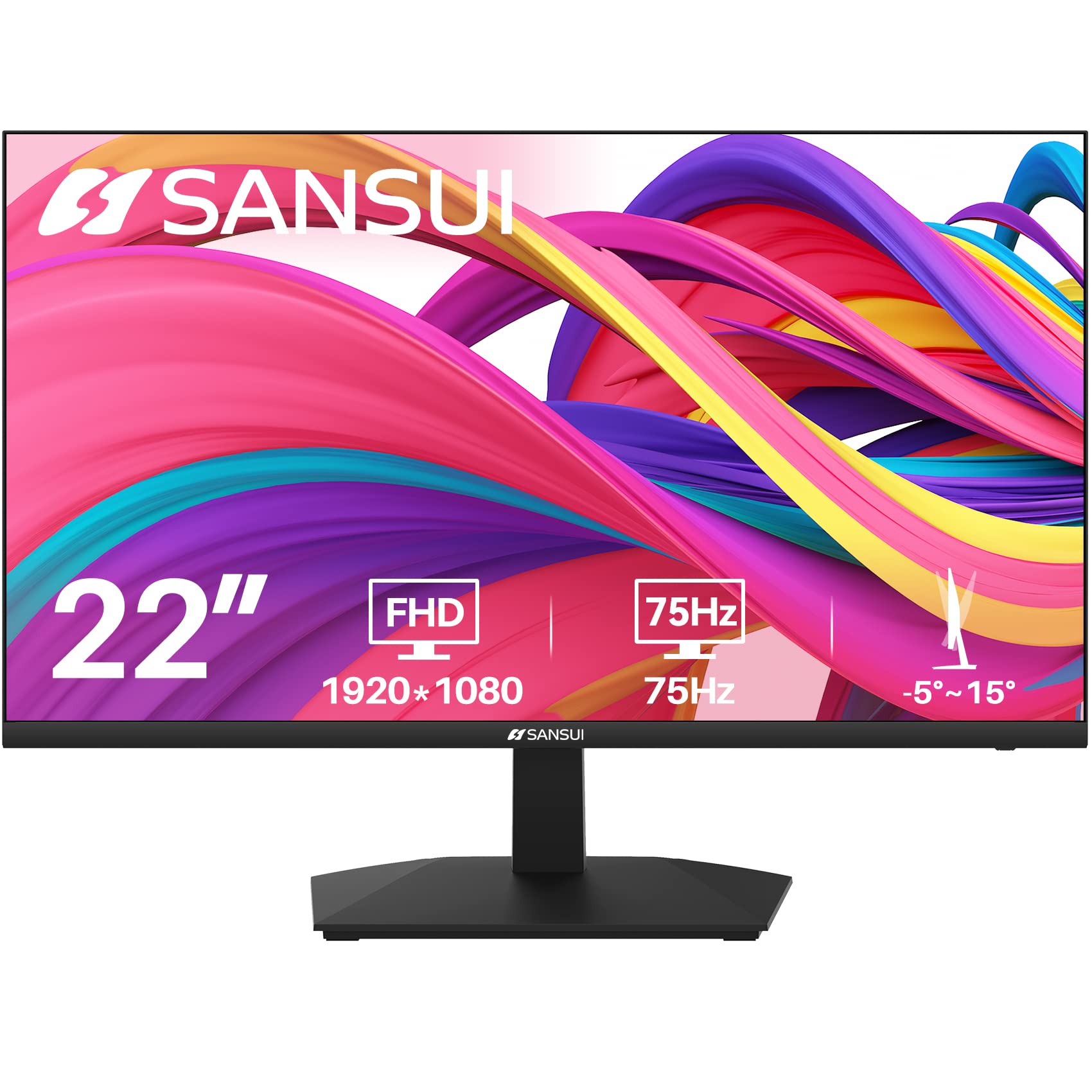 SANSUI 22吋1080p全高清75Hz電腦顯示器，帶HDMI和VGA接口，超薄邊框，符合人體工學的傾斜角度，護眼LED顯示屏，適用於家庭辦公室（含ES-22F1 HDMI線）
