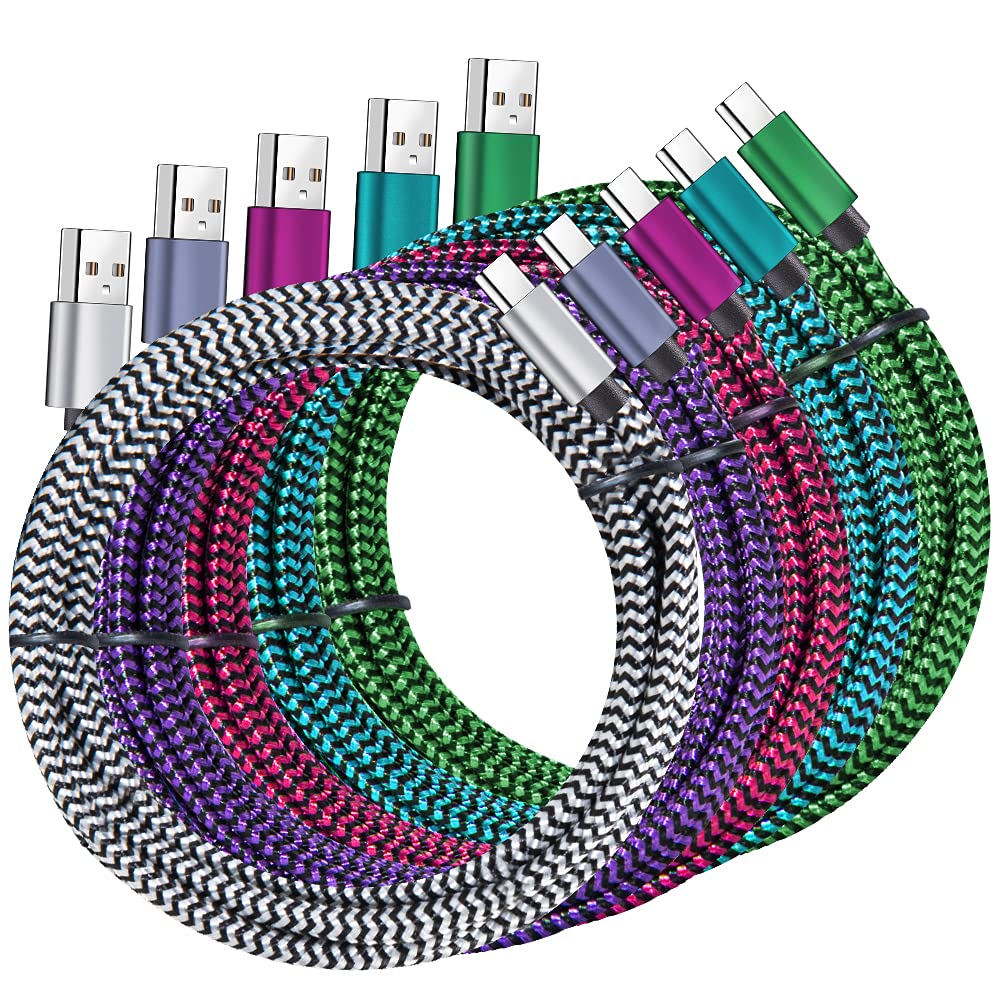 QQLIKE USB Type-C 線，5 條裝（6 英尺）尼龍編織 USB-C 線，3A 快充線，適用於三星 Galaxy S9 S8 Note 9 Note 8 Galaxy Note 20 10 S21 S20 S10 Plus C 型線