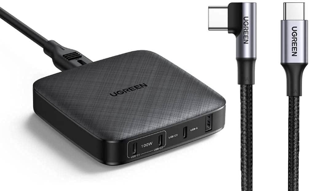 【套裝】UGREEN 100W USB-C 桌上型充電器 + UGREEN USB-C 轉 USB-C 線，支援 100W 快充，10 英尺直角設計，相容於 MacBook Pro、Air、iPad Pro 2020、Chromebook、Galaxy S21、S20、Note 20、戴爾等裝置。