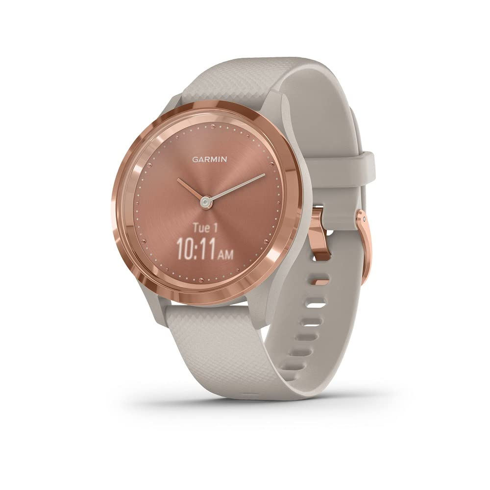 Garmin 混合智慧手錶，配備實體指針和隱藏式彩色觸控屏，玫瑰金錶殼搭配淺沙色錶帶，39 毫米，010-02238-02