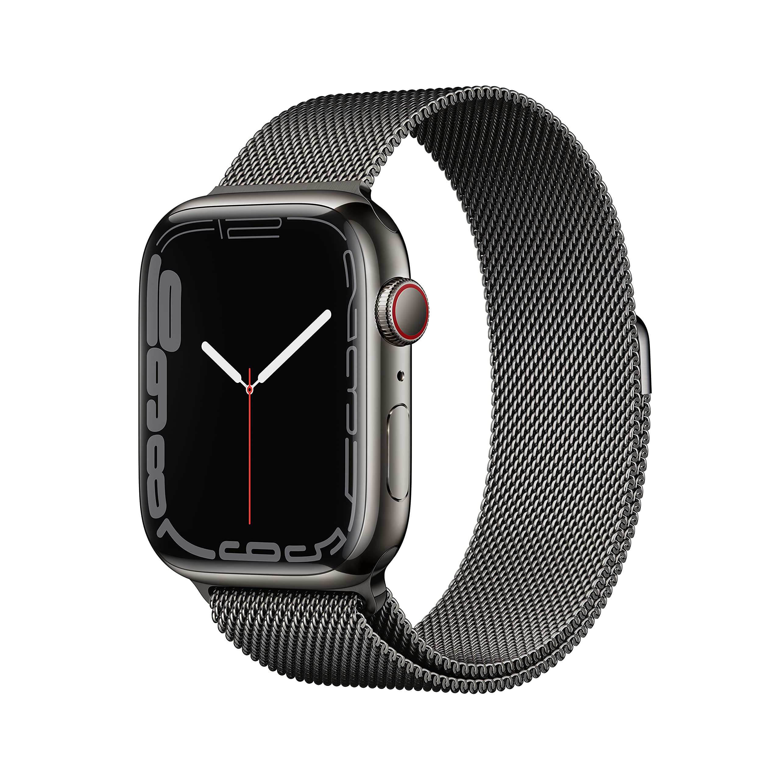Apple Watch Series 7 [GPS + 蜂巢網路 45 mm] 智慧手錶，石墨色不鏽鋼錶殼搭配石墨色米蘭尼斯錶帶。具備健身追蹤、血氧心電圖 app、全天候視網​​膜顯示器和防水功能。