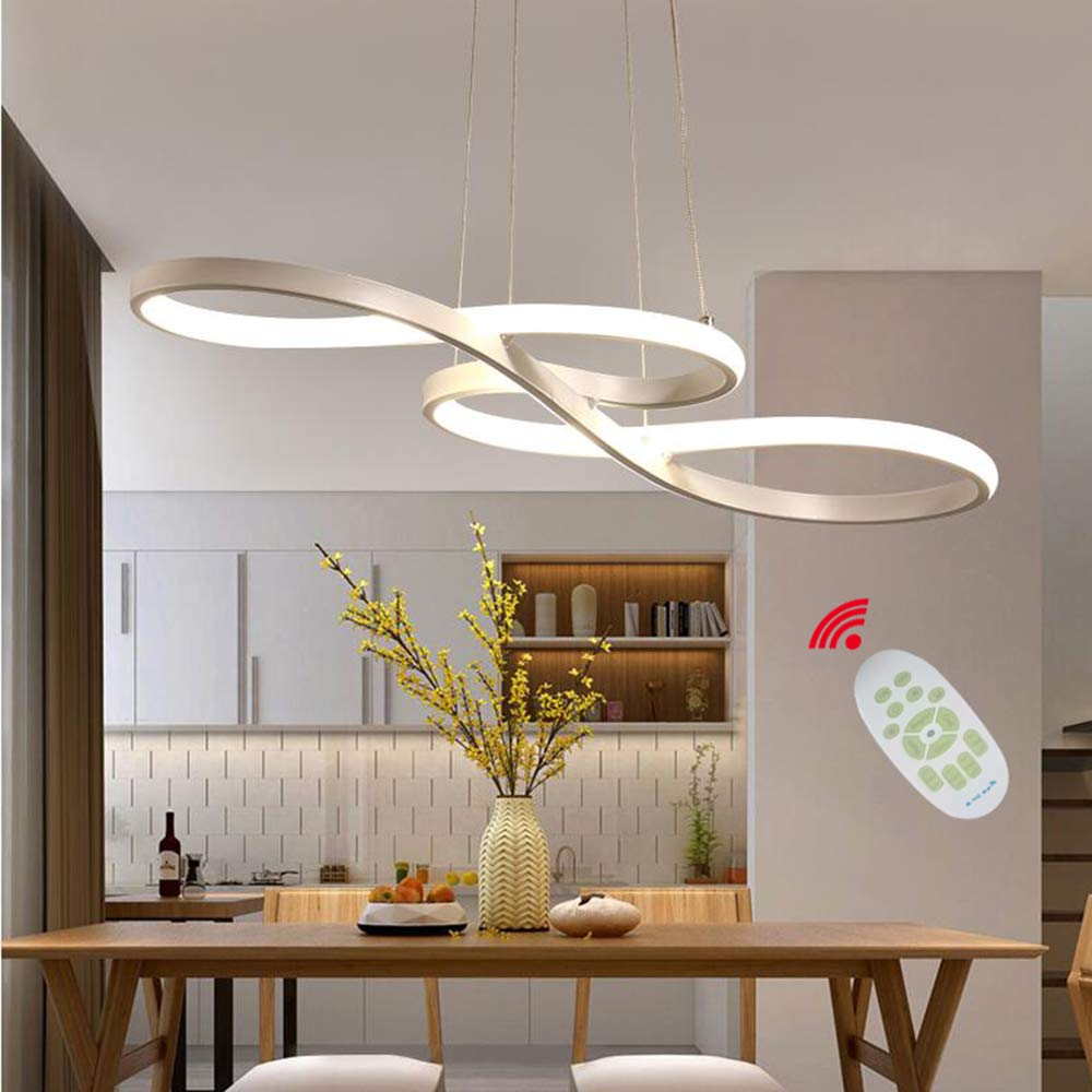 現代吊燈 白色 LED 吊燈，適用於現代客廳、餐廳、廚房中島，可調光吊燈，簡約波浪吊燈，附遙控器（白色）