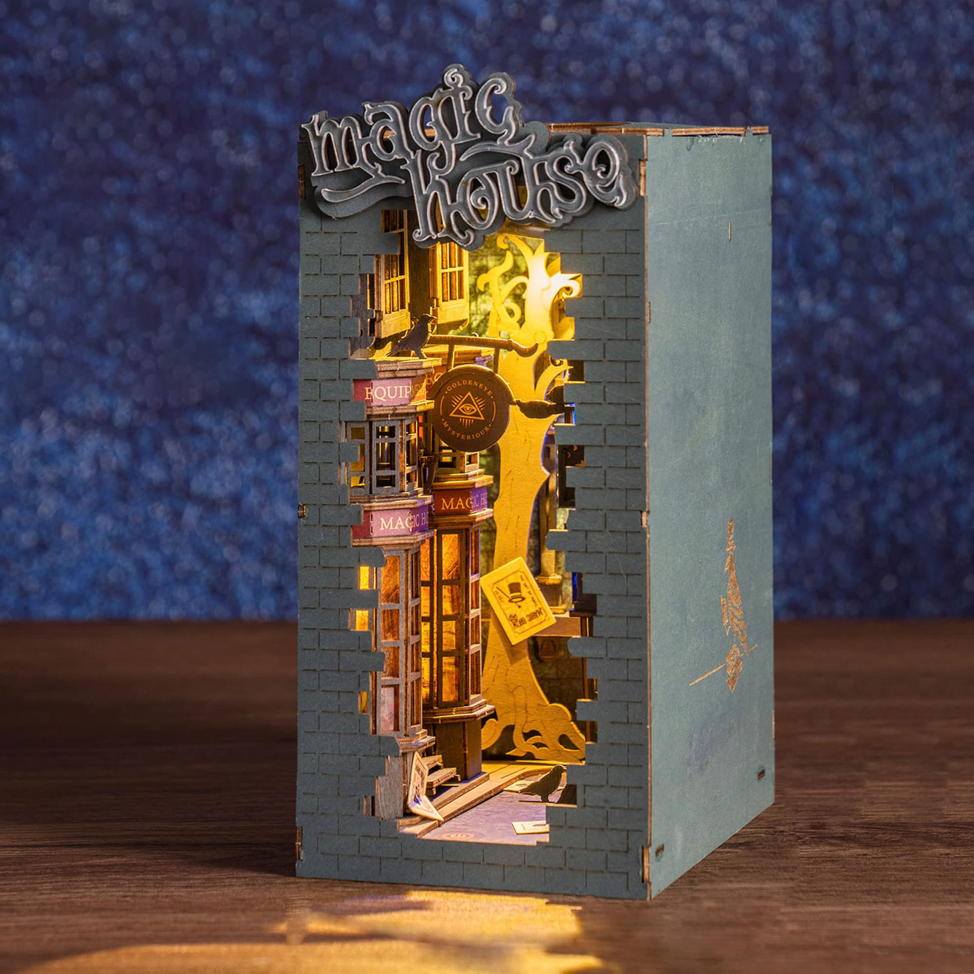 Rolife DIY 魔法屋主題書角套裝，3D 木質拼圖裝飾書擋微縮模型套裝，帶燈，聖誕裝飾/工藝愛好/禮物，適合男孩女孩青少年成人（魔法屋）