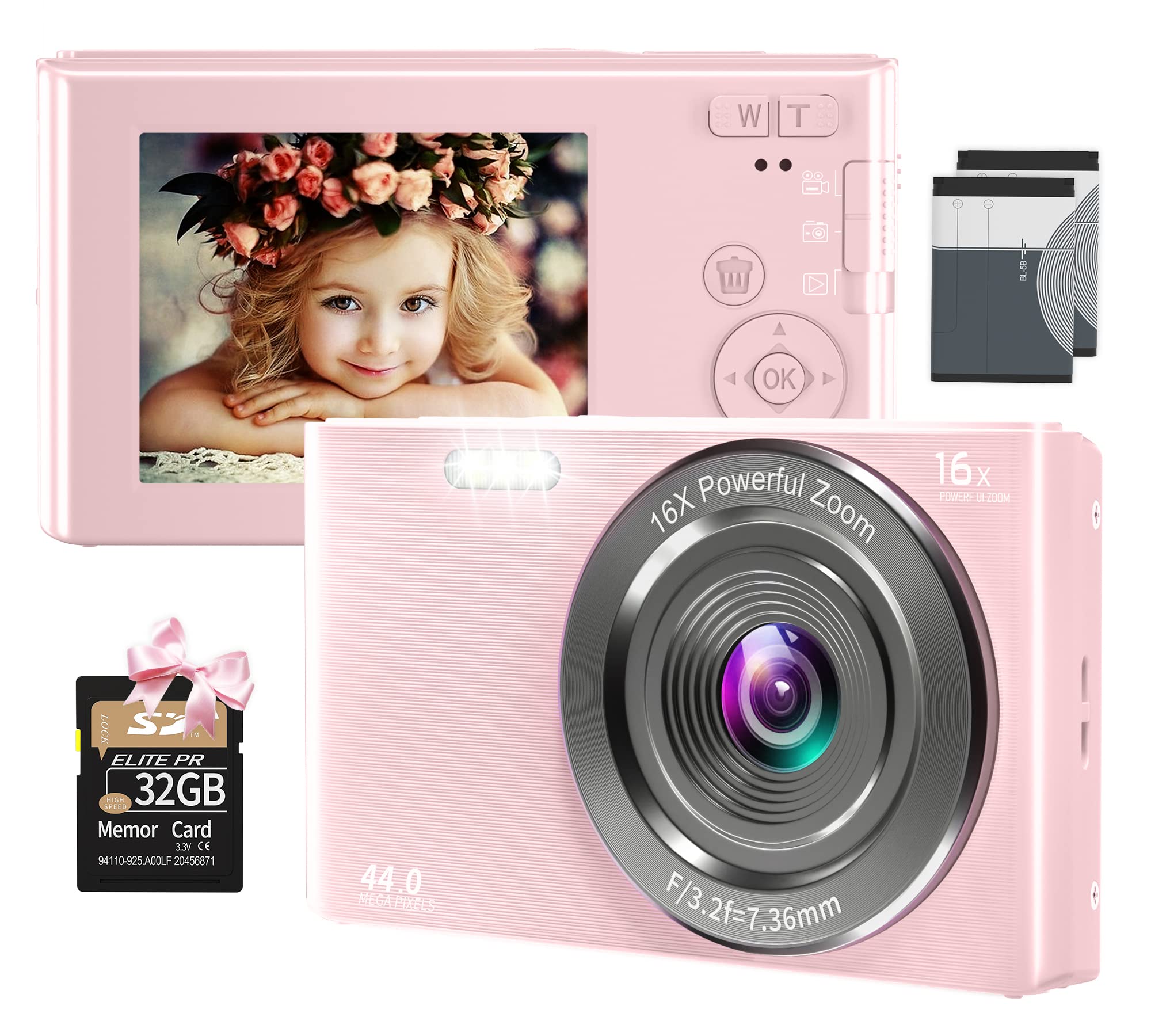 UIKICON 數位相機，FHD 1080P 兒童相機攝影機，配備 32GB SD 卡，16 倍數位變焦，小巧便攜，適合青少年、學生、男孩、女孩 - 粉紅色