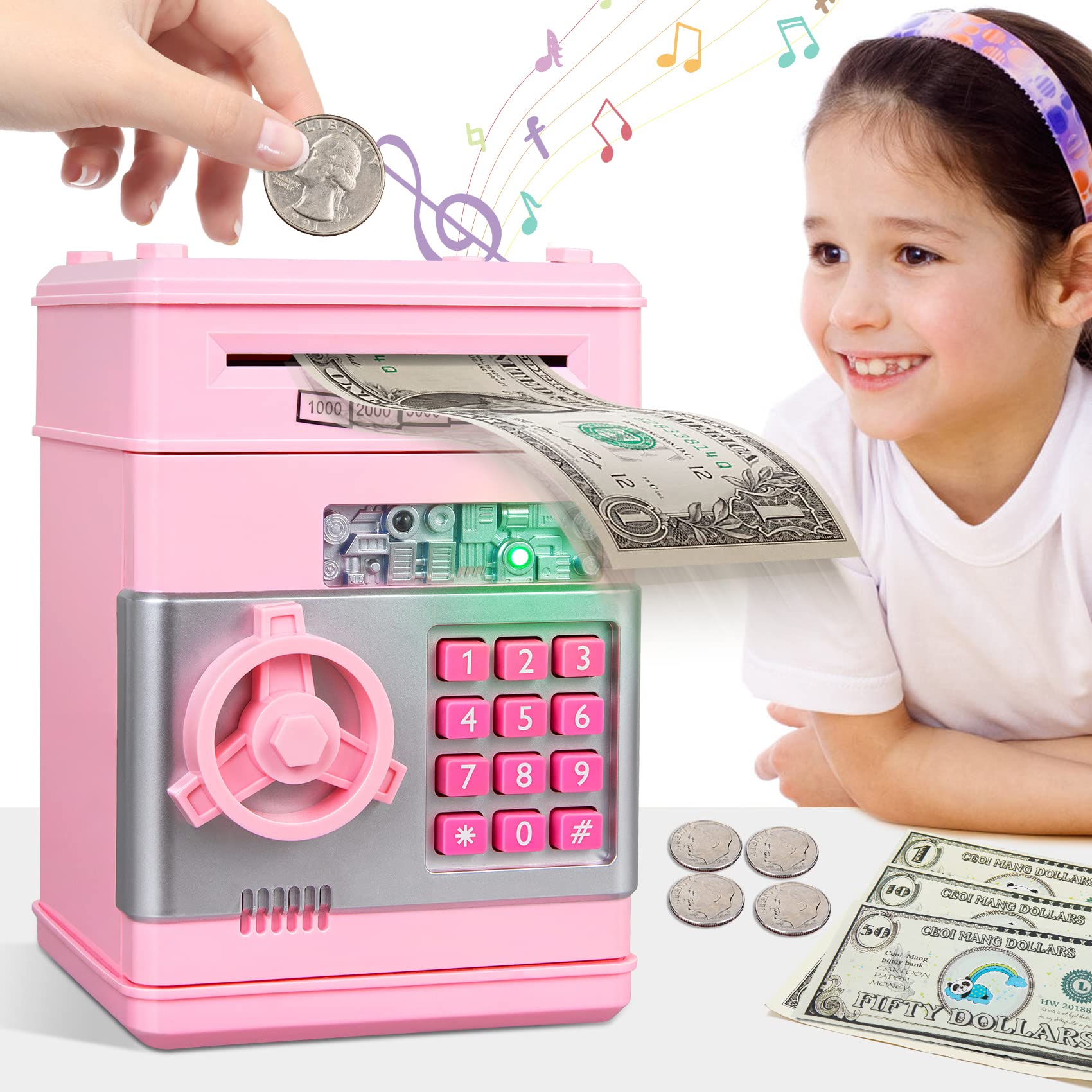 MAGIBX 粉紅小豬存錢筒玩具，適合 6-11 歲女孩，青少年女孩玩具，聖誕節生日禮物，7-8 歲女孩玩具，ATM 機造型，適合 5-7 歲兒童。
