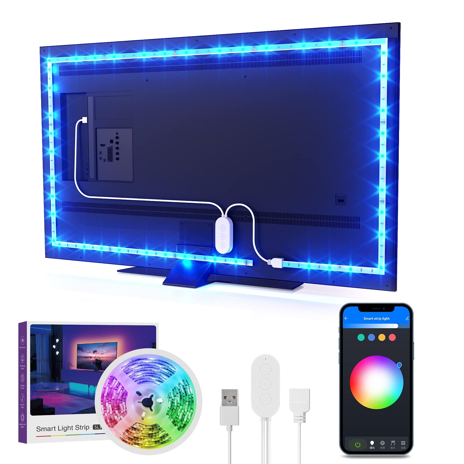 GHome 智慧電視 LED 背光燈帶，9.2 英尺 WiFi 燈帶，相容於 Alexa 和 Google Assistant，支援 App 控制，音樂同步，1600 萬色 RGB 變色可調光，適用於 30-60 吋電視、電腦、家居照明裝飾