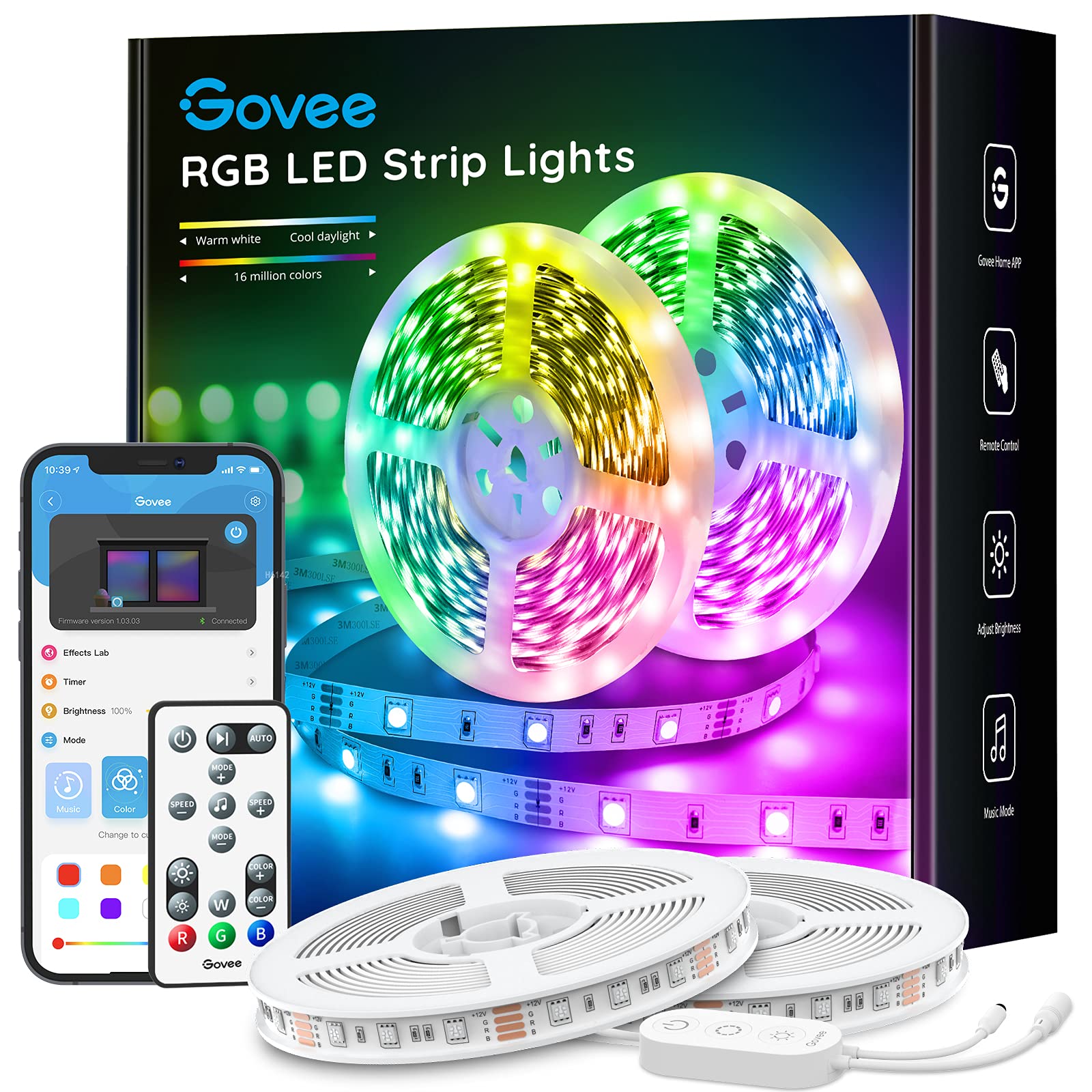 Govee 智慧 LED 燈帶，32.8 英尺 WiFi LED 燈帶，附 App 和遙控器，相容於 Alexa 和 Google Assistant，音樂同步燈帶，適用於臥室、廚房、電視、派對（2 卷，每卷 16.4 英尺）