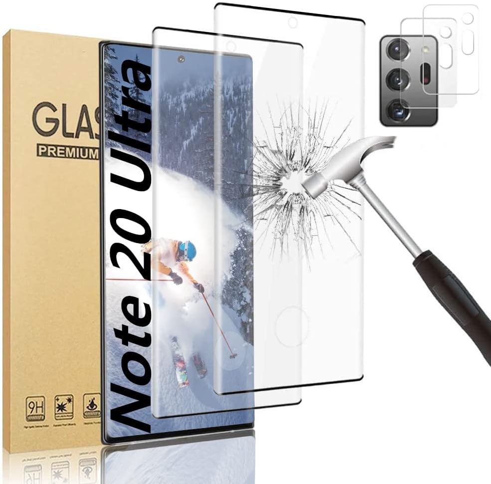 【2+2 片裝】三星 Galaxy Note 20 Ultra 螢幕保護貼，相機保護膜，9H 強化玻璃防刮花，支援超音波指紋識別，3D 高清曲面，適用於三星 Galaxy Note 20 Ultra 5G 6.9 英寸