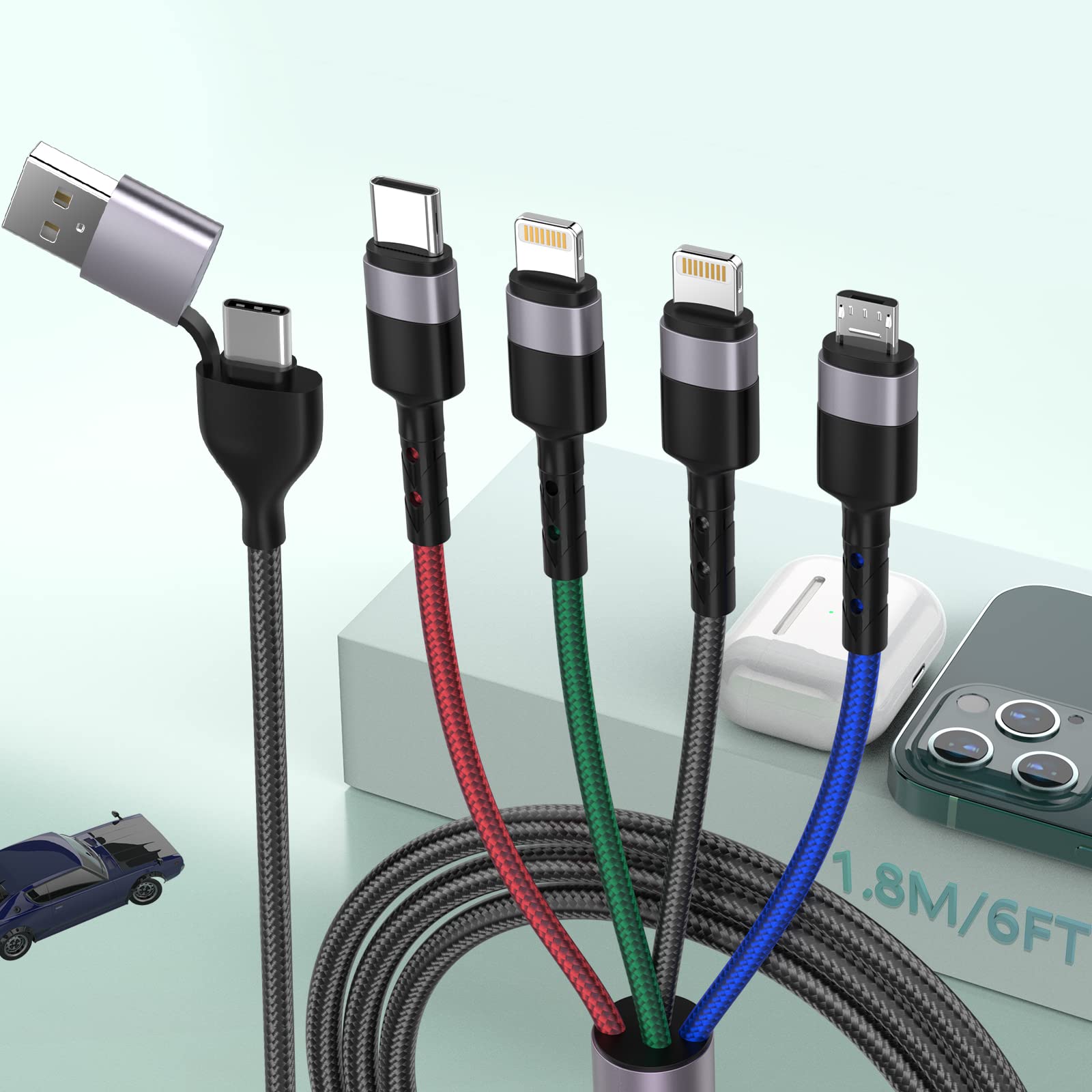 6合1多功能USB通用1.8米/6英尺手機充電線，USB A/Type C轉Lightning*2+Type C+Micro USB尼龍編織同步充電線適配器，適用於安卓/蘋果/iOS/三星/華為-優步汽車標誌