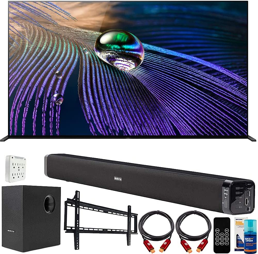 Sony XR83A90J 83 吋 OLED 4K HDR 超高清智慧電視套裝，包含 Deco Gear 家庭劇院條形音箱（附重低音）、壁掛配件套裝、6 英尺 4K HDMI 2.0 線纜等。