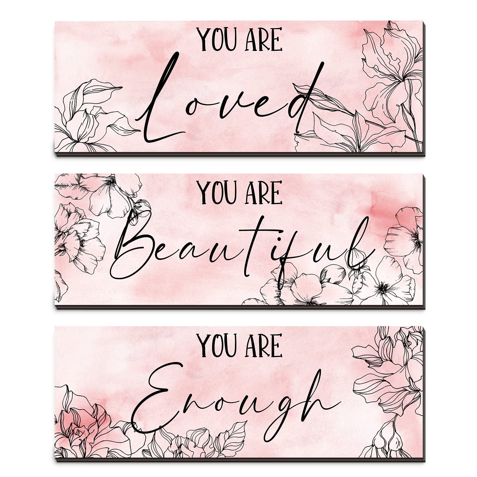 3 件套花卉木質掛牆藝術品，印有積極向上的語錄：你被愛著，你很美，你已經足夠好，勵志標語裝飾，適合青少年女孩和女性房間（粉紅色，4 x 11 英寸）