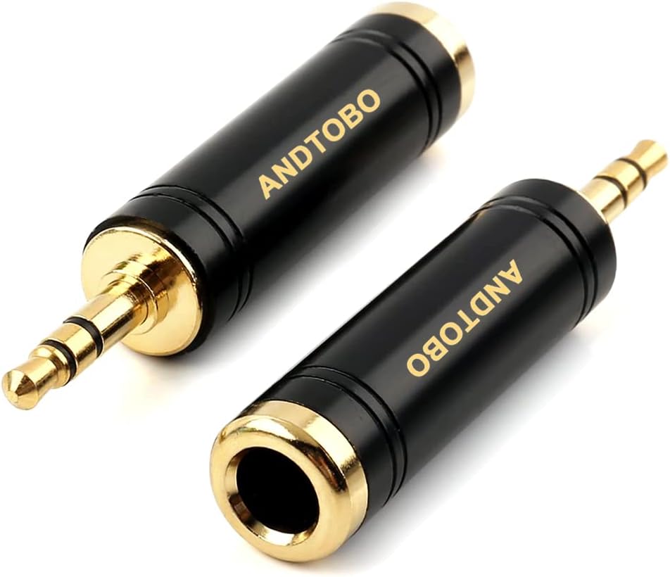 ANDTOBO 1/4吋轉3.5毫米立體聲純銅耳機轉接器，3.5毫米（1/8吋）公頭轉6.35毫米（1/4吋）母頭立體聲轉接器，適用於耳機、耳放轉接器，黑色2個裝配