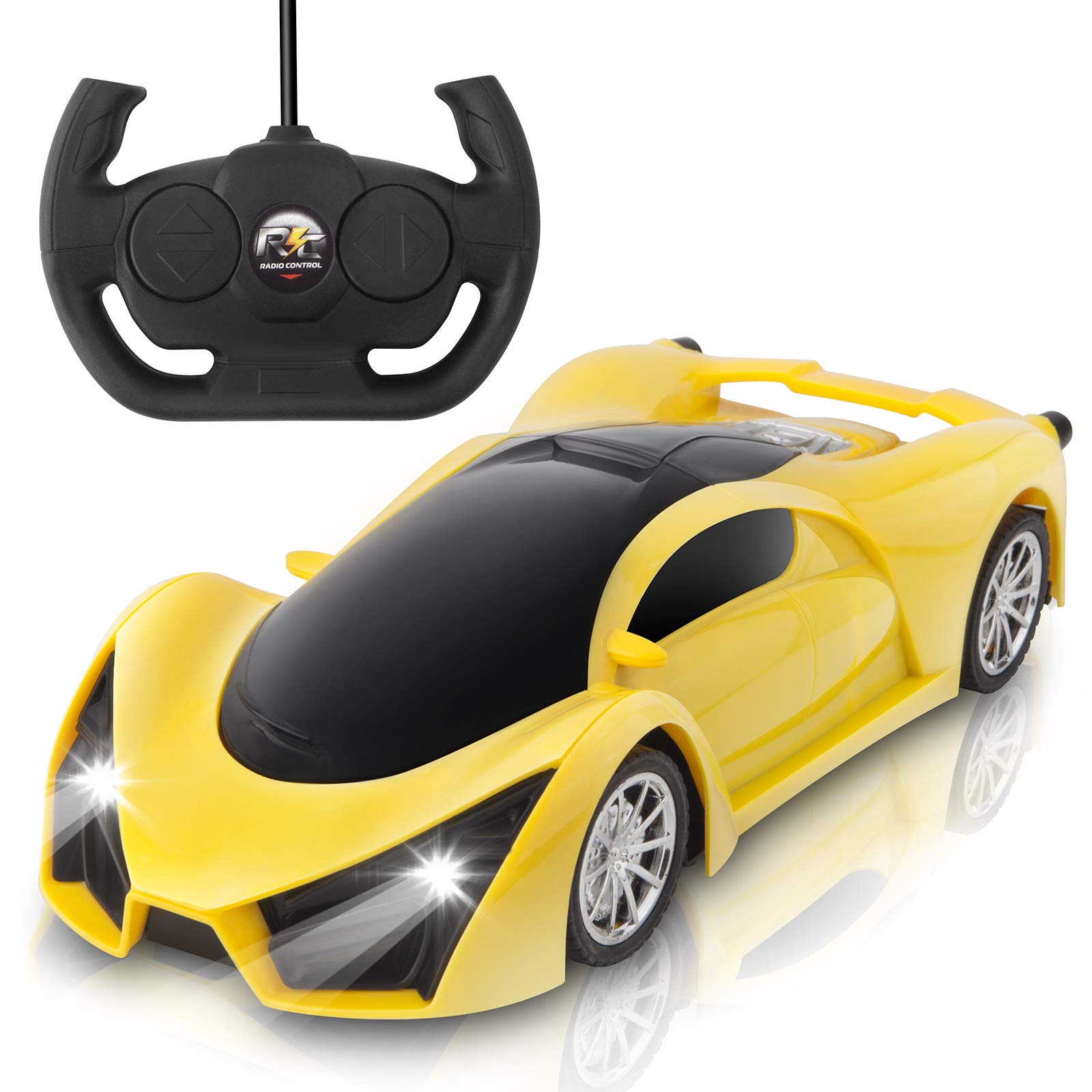SVOOTAY遙控車，1/16比例高速超級賽車玩具車，黃色電動運動玩具車，帶LED前燈，聖誕節生日禮物，適合男孩和兒童