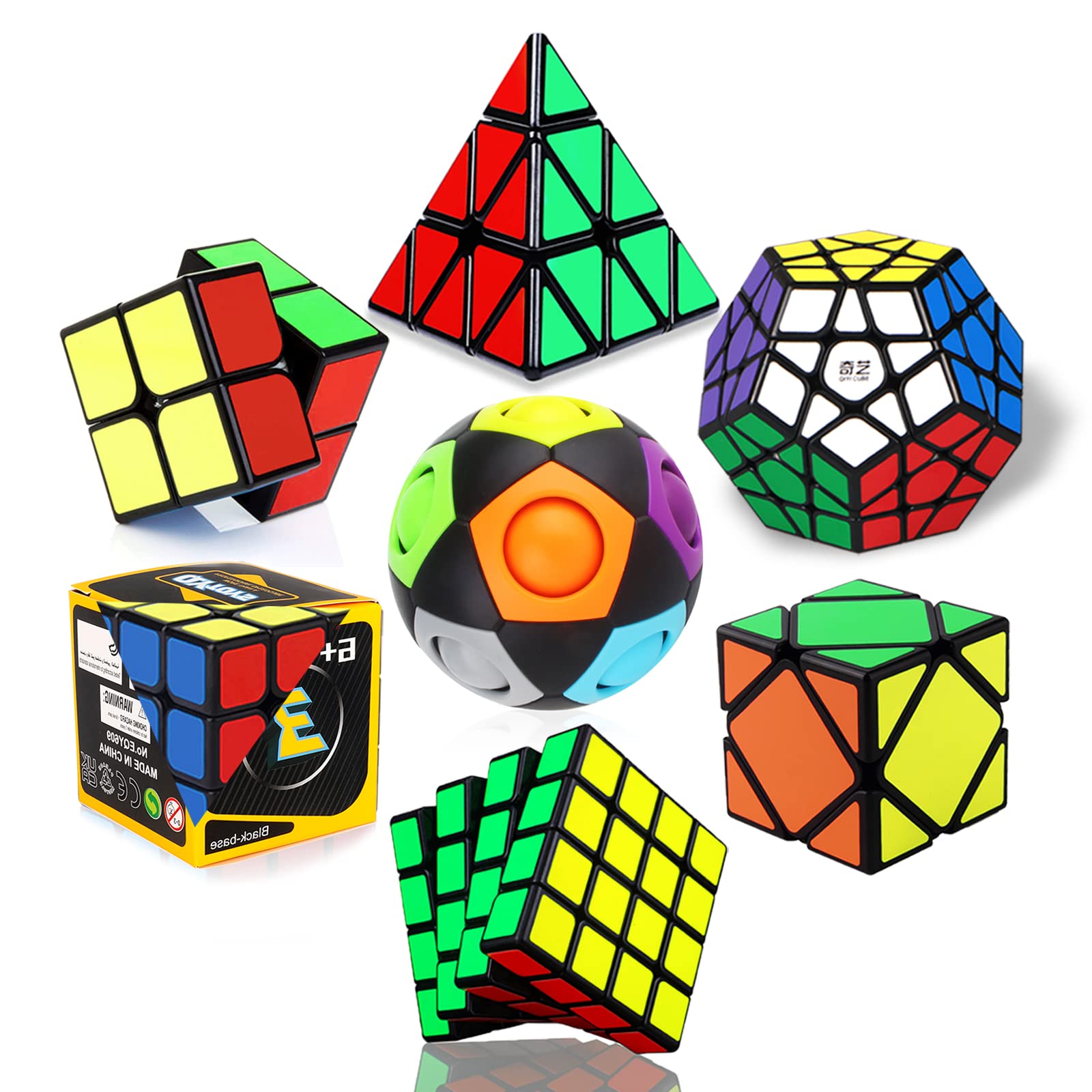 Roxenda 速旋魔術方塊套裝，包含 2x2、3x3、4x4 斜轉魔術方塊、五階魔術方塊、金字塔魔術方塊和魔法彩虹球，順滑魔術方塊套裝，適合兒童和成人 [7 件裝]（黑色）