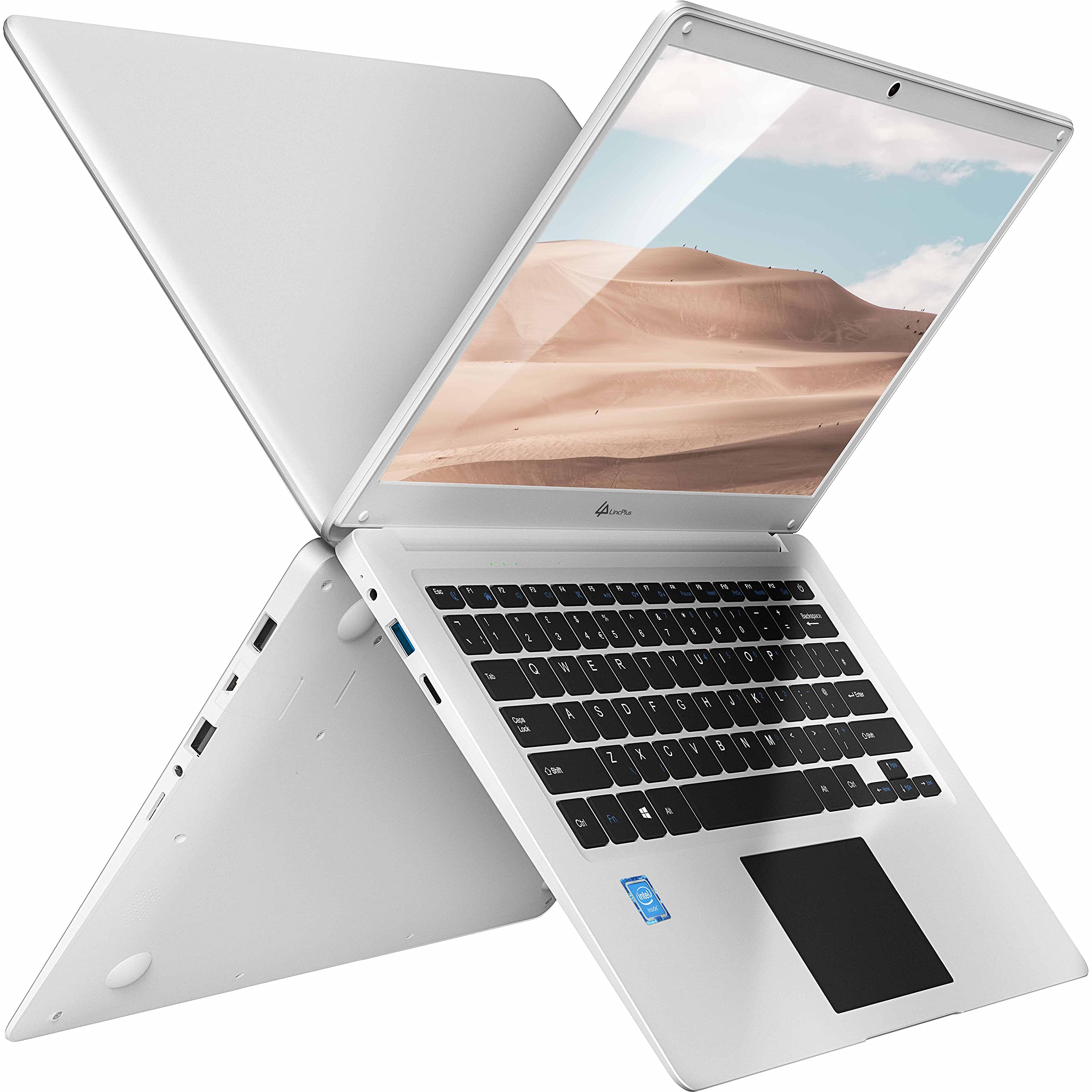 LincPlus P3 14英寸輕薄筆記型電腦，4GB內存，128GB eMMC存儲，1080P全高清IPS屏幕，英特爾賽揚雙核處理器，迷你筆記本，預裝Windows 10家庭版（S模式），英國鍵盤，白色