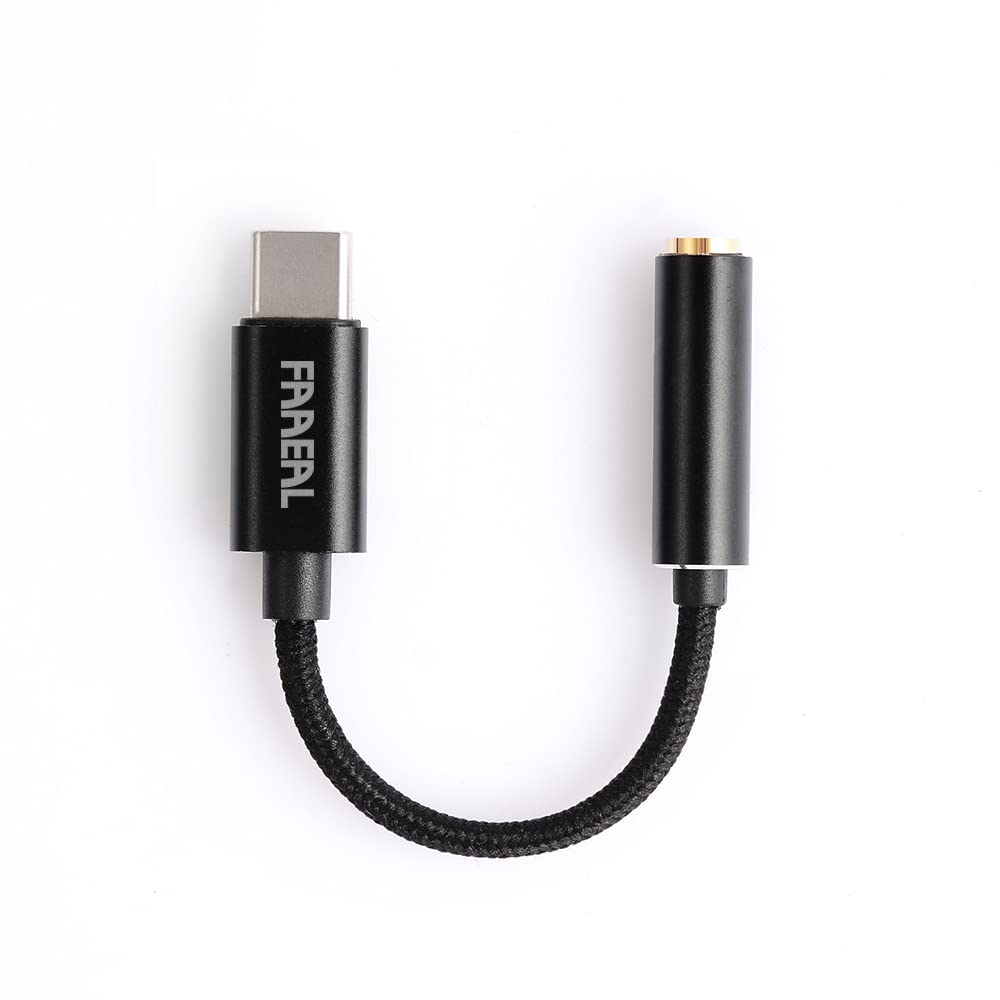 FAAEAL Type-C 轉 3.5mm DAC 解碼耳機轉換器鍍金母座耳機擴大機編織/鍍銀線音訊轉接器，適用於 Win10 安卓平板電腦耳機（黑色）