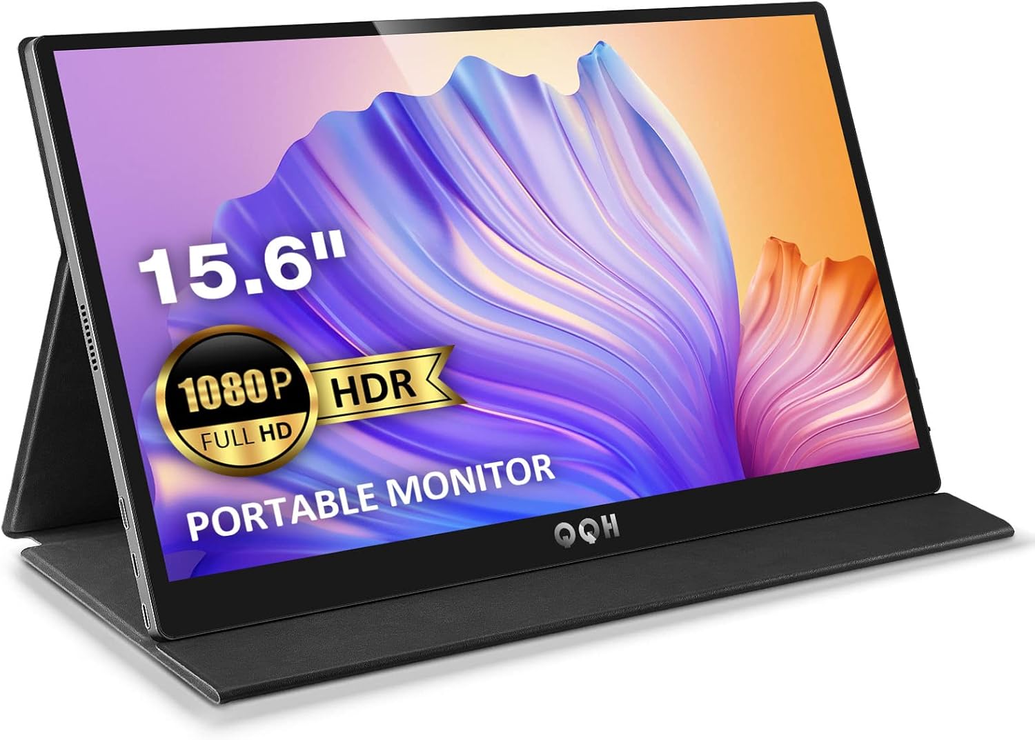 QQH 便攜式顯示器，15.6吋筆記型電腦顯示器，FHD 1080P USB-C 電腦顯示器，IPS 螢幕，迷你 HDMI 遊戲顯示器，附智慧型保護套，雙揚聲器，可作為手機或電腦外接顯示器使用。