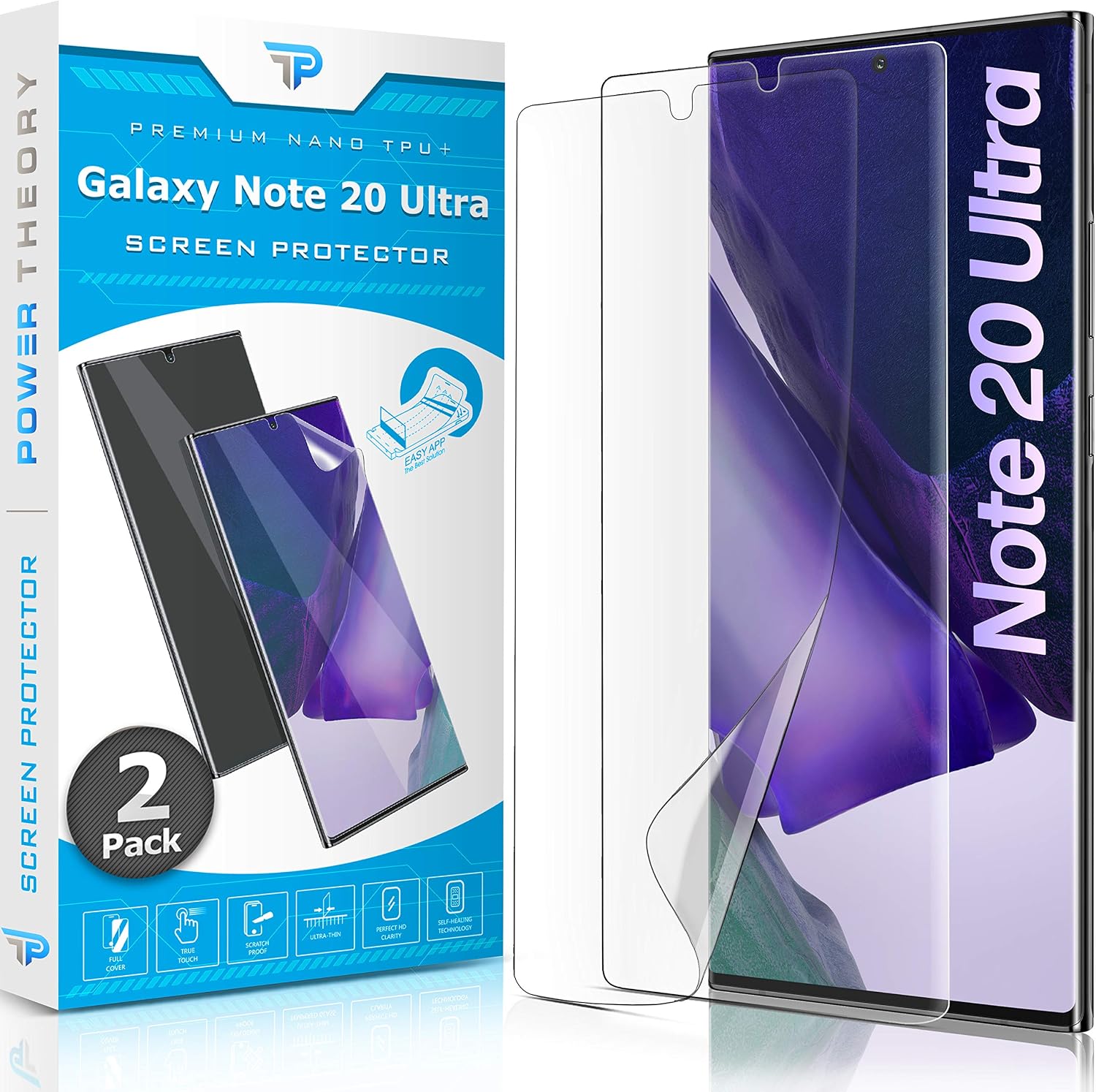 Power Theory 三星 Galaxy Note 20 Ultra 螢幕保護貼 [2 片裝] [非玻璃材質] 全覆蓋，相容於手機殼，柔韌防刮膜