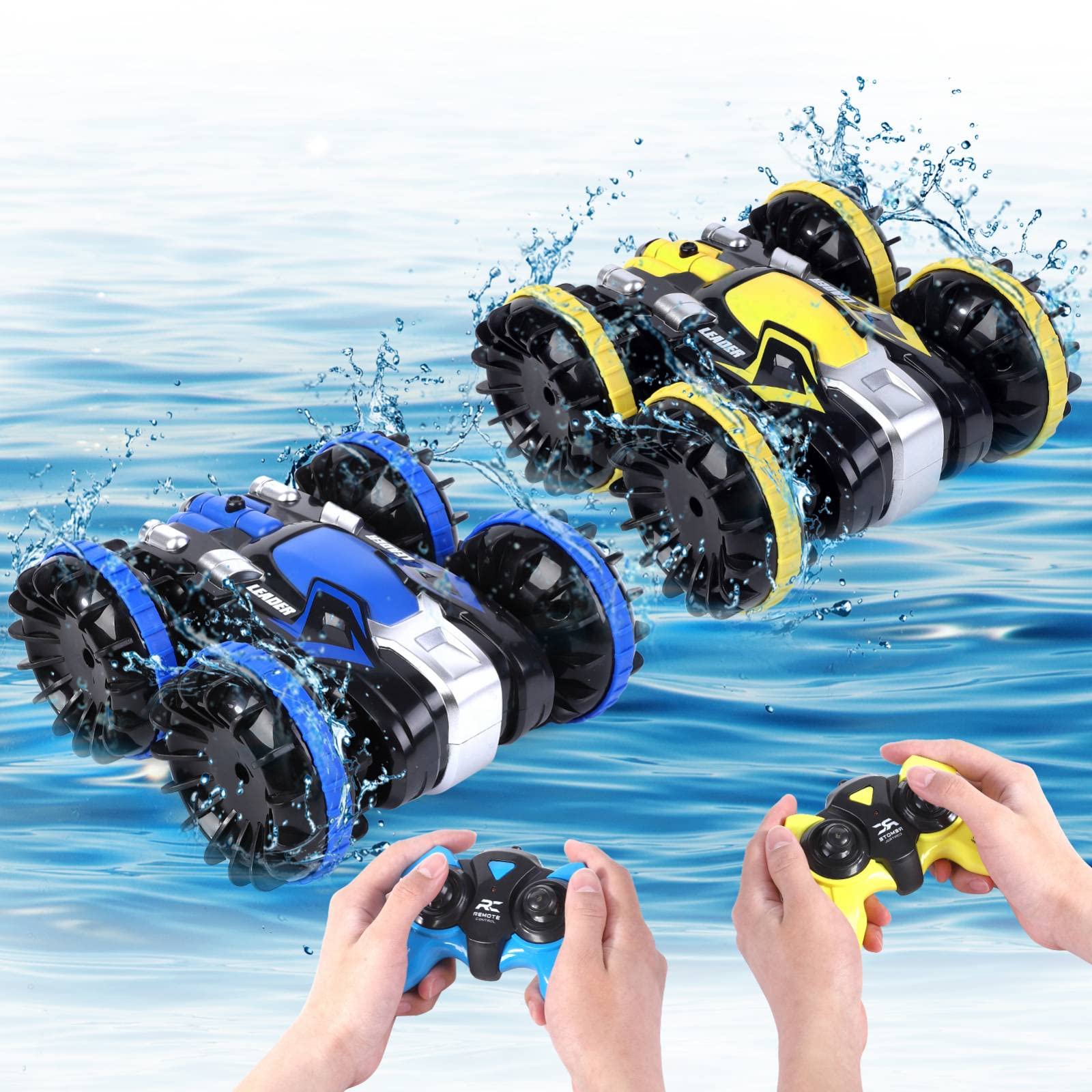 2PACK 兒童兩棲遙控車，2.4 GHz 遙控船防水遙控怪獸卡車特技車 4WD 遙控車，適合 6-12 歲男孩女孩，全地形水上沙灘泳池玩具。