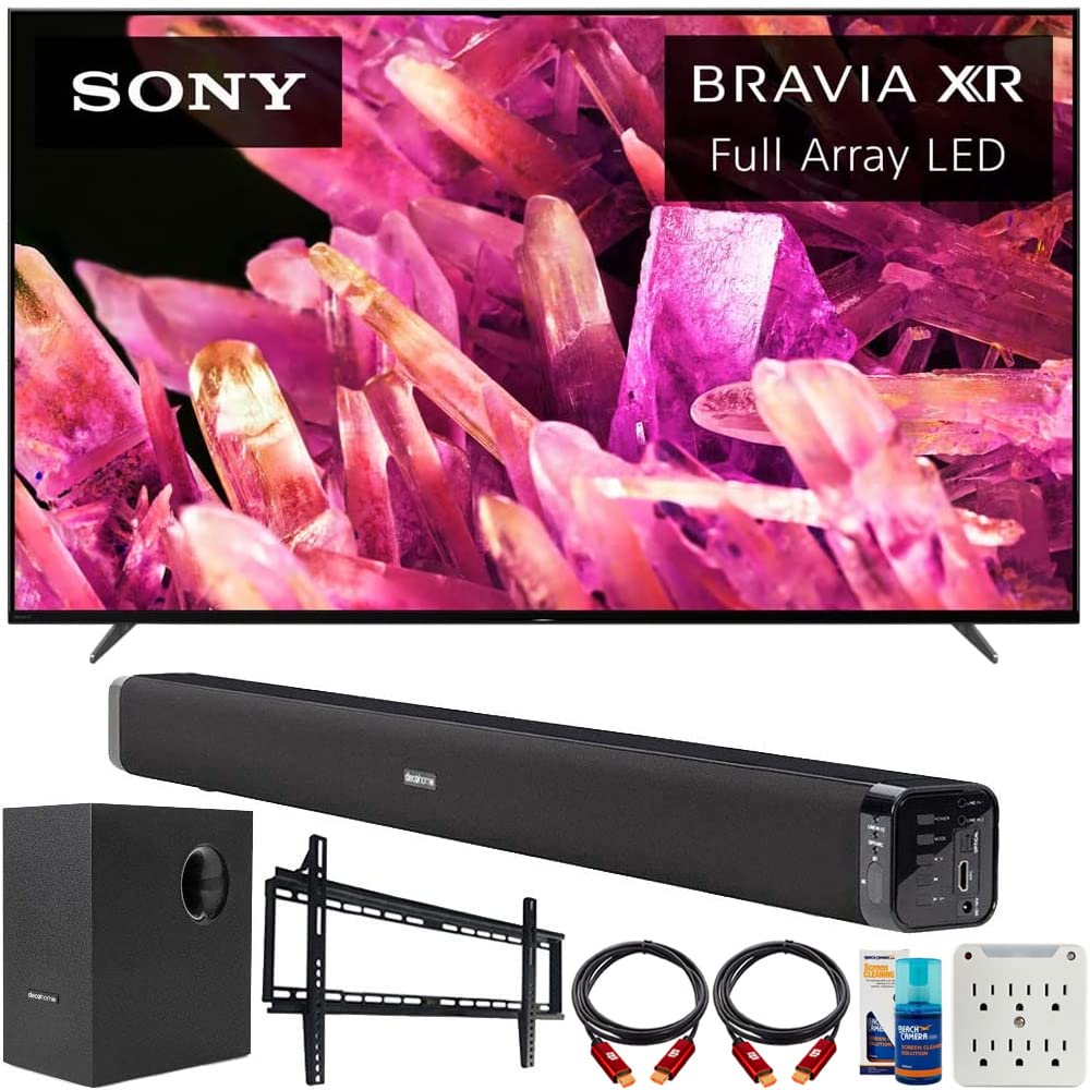 Sony XR55X90K Bravia XR 55 吋 X90K 4K HDR 全陣列 LED 智慧電視（2022 年）套裝，包含 Deco Gear 家庭劇院條形音箱（附重低音喇叭）、壁掛配件套裝、6 英尺 4K HDMI 2.0 線纜等。