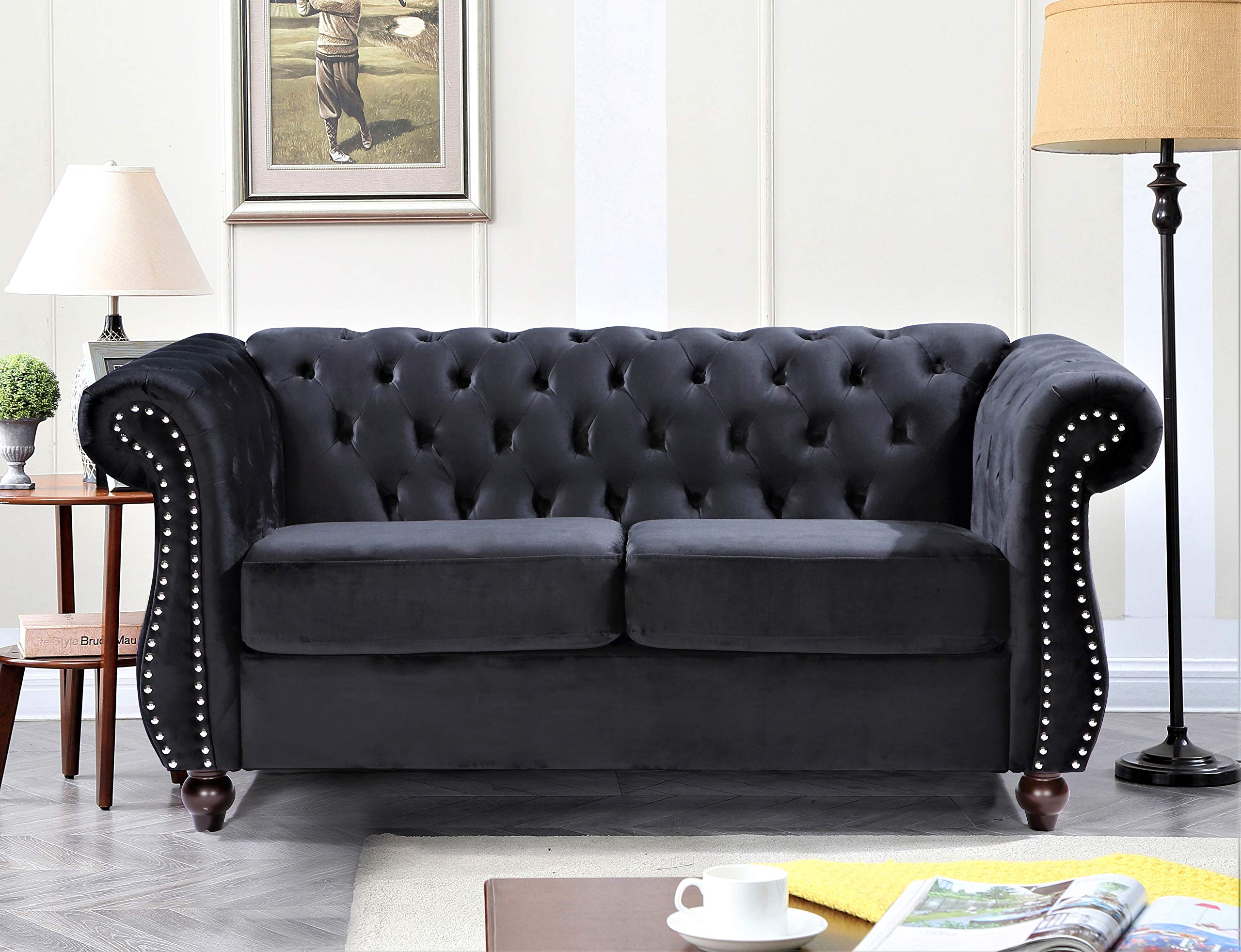 Container Furniture Direct Feinstein 現代天鵝絨軟墊客廳切斯特菲爾德沙發，飾有閃亮鉚釘，雙人沙發和三人沙發，午夜黑