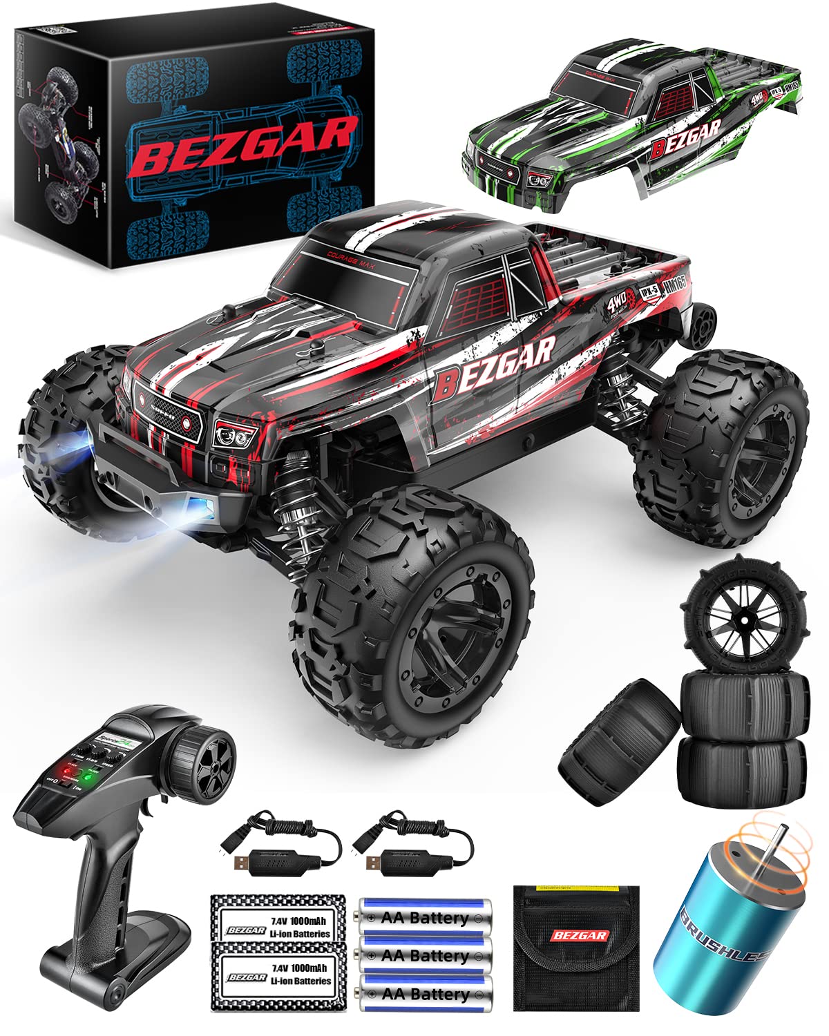 BEZGAR HM165 無刷遙控卡車，1:16 比例，2.4GHz 高速，時速 52km/h，全地形越野遙控卡車，四驅攀爬車，配備 2 個可充電電池，適合男孩、兒童和成人。