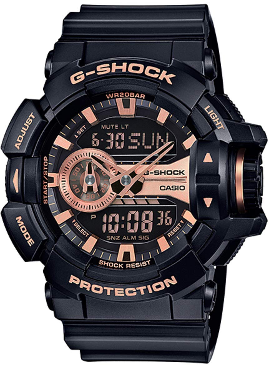 XL G-Shock 石英運動手錶，塑膠錶帶，18.3吋（型號：GA-400GB-1A4），黑色/玫瑰金