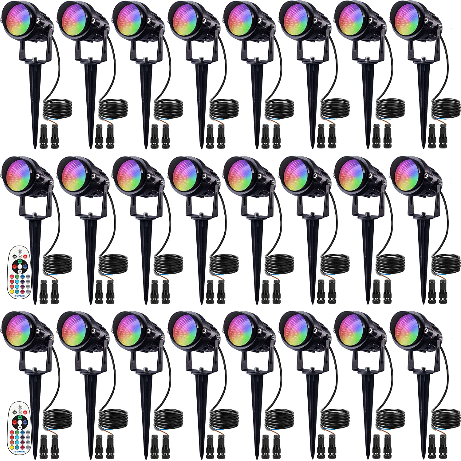 SUNVIE 24 件裝 RGBW 低壓景觀燈，12W LED 變色景觀燈，帶遙控器和接線端子，AC/DC 12V-24V 防水戶外射燈，適用於庭院、花園和小徑。